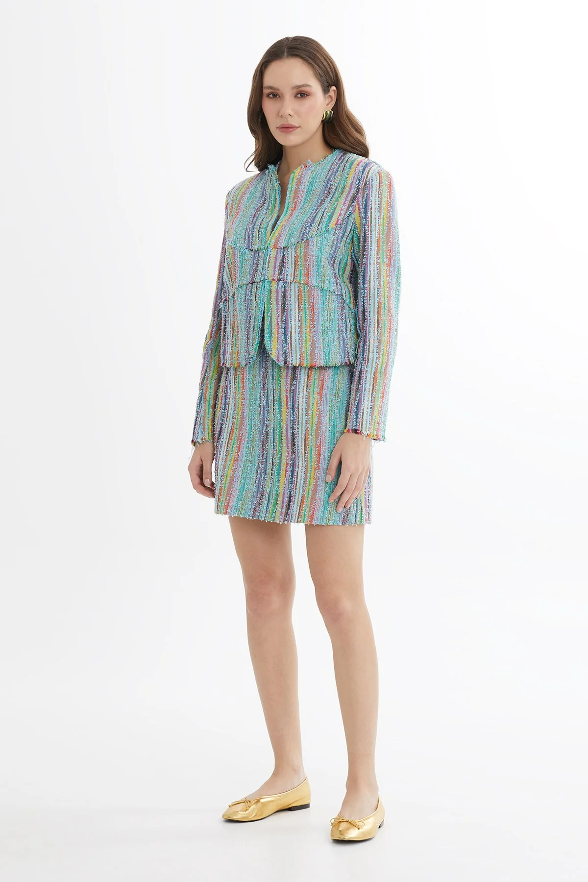 Blue Shoulder-Padded Hook-Closure Textured Blazer - Image 4