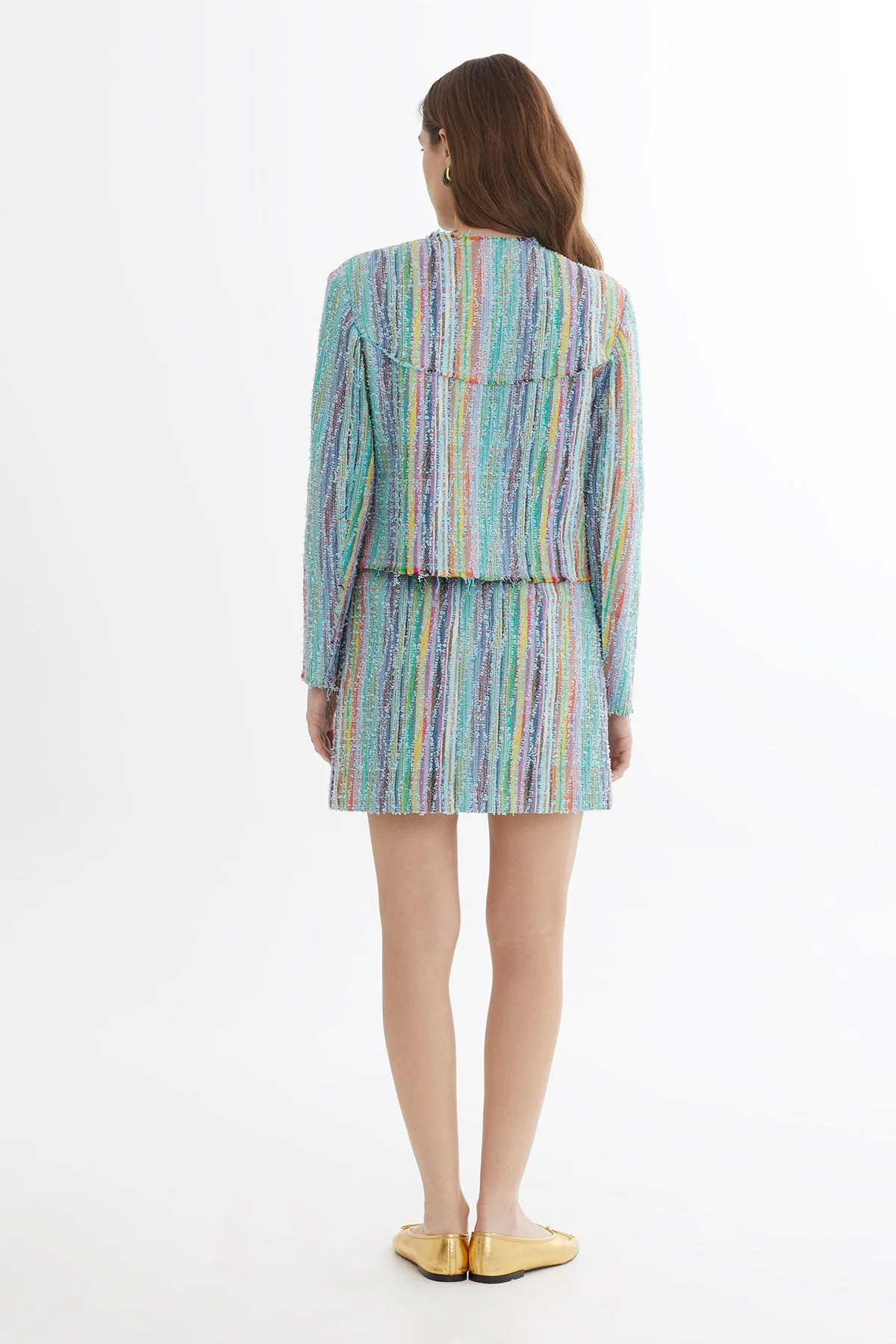 Blue Shoulder-Padded Hook-Closure Textured Blazer - Image 5