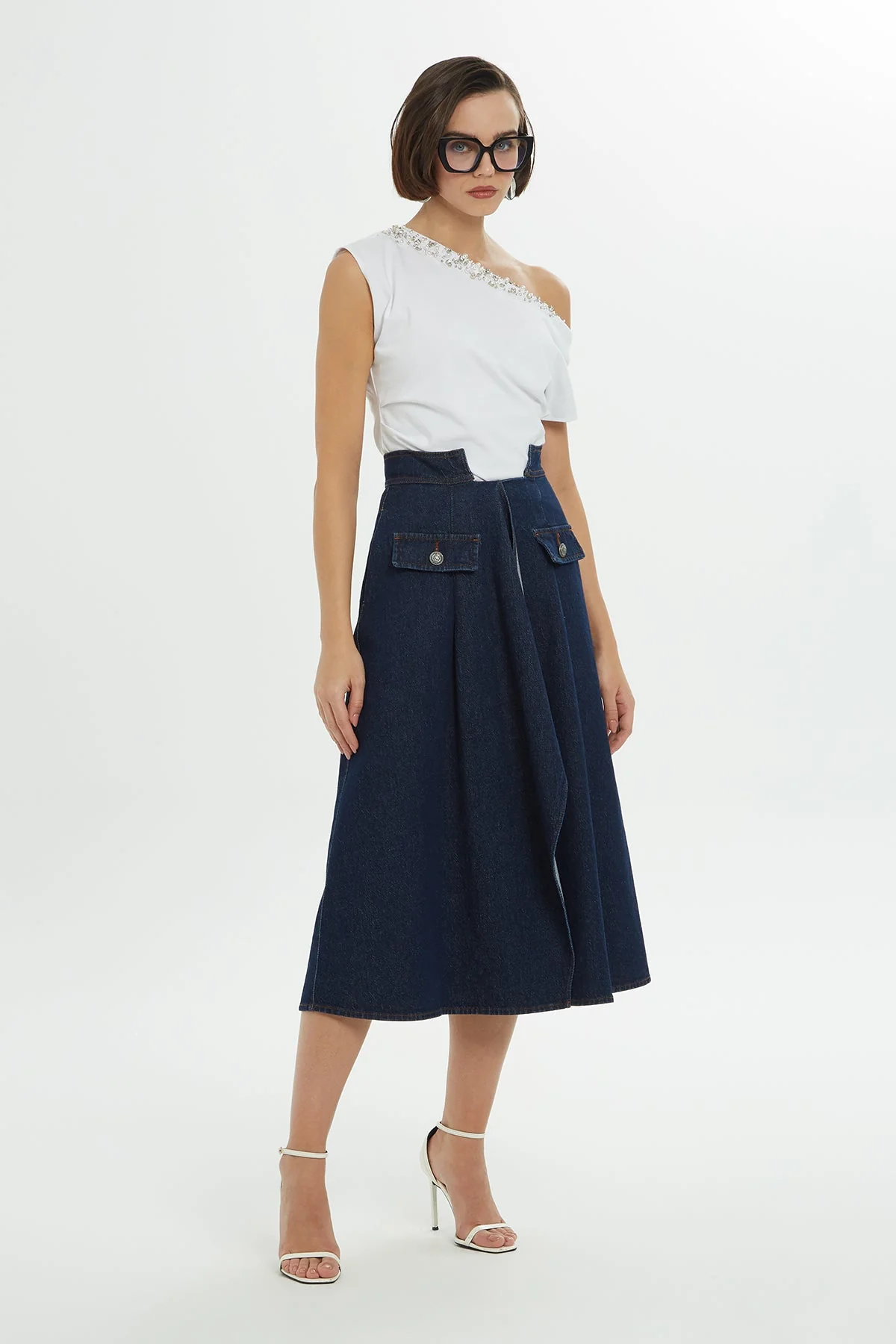Blue Slit-Detail Midi Denim Skirt - Image 3