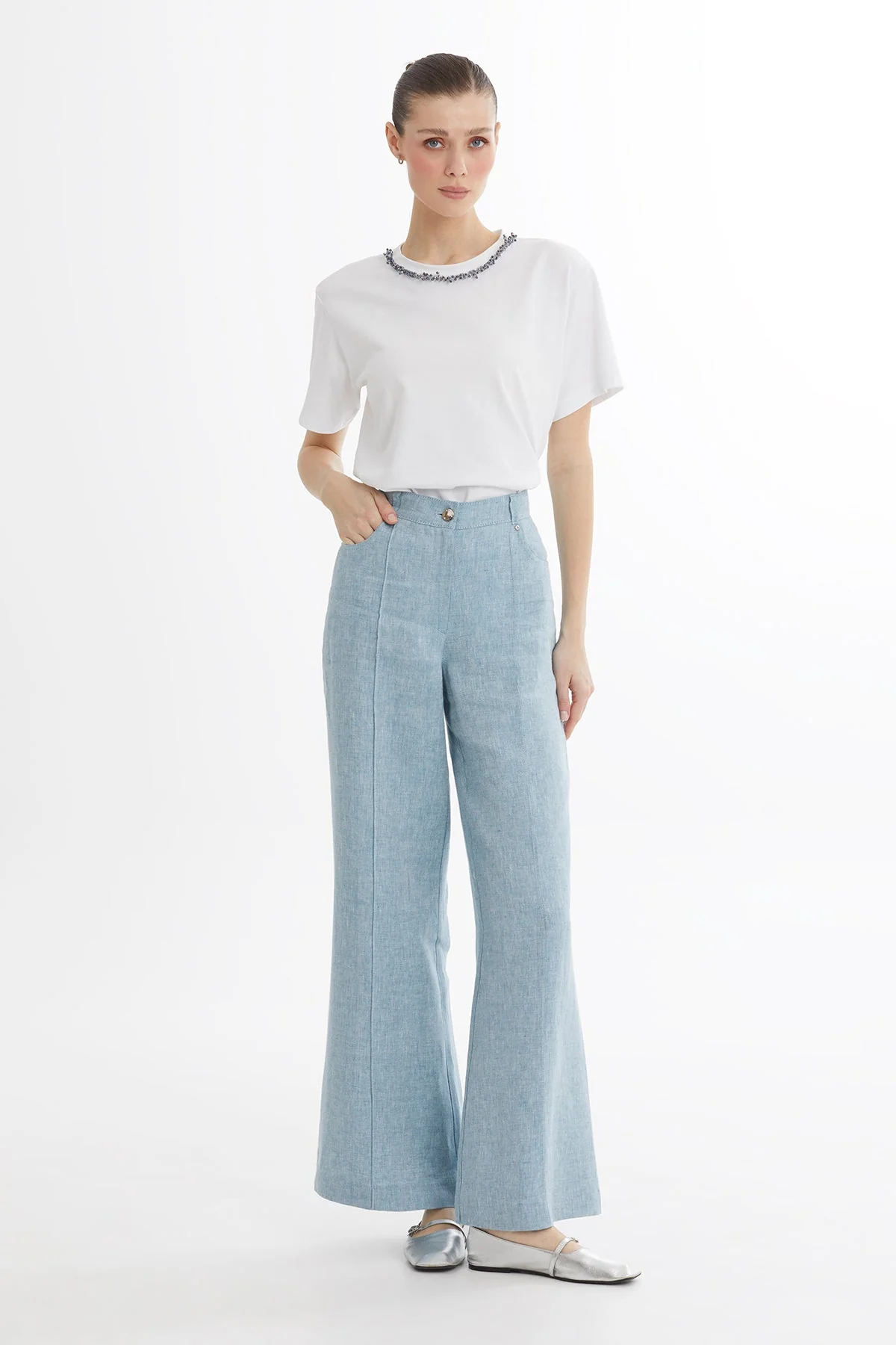 Blue Straight-Leg Linen Trousers - Image 3
