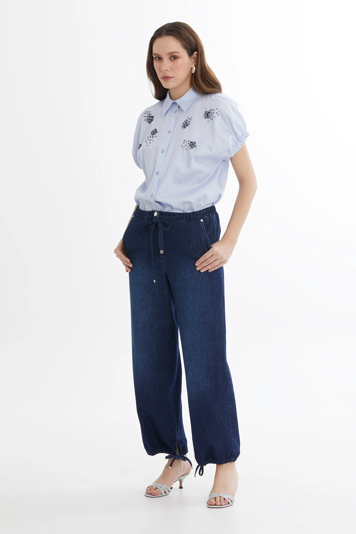 Blue Tie-Hem Denim Trousers - Image 3
