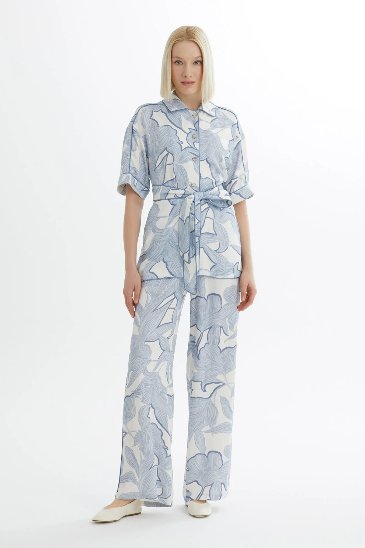 Blue Tie-Waist Shirt Trouser Set
