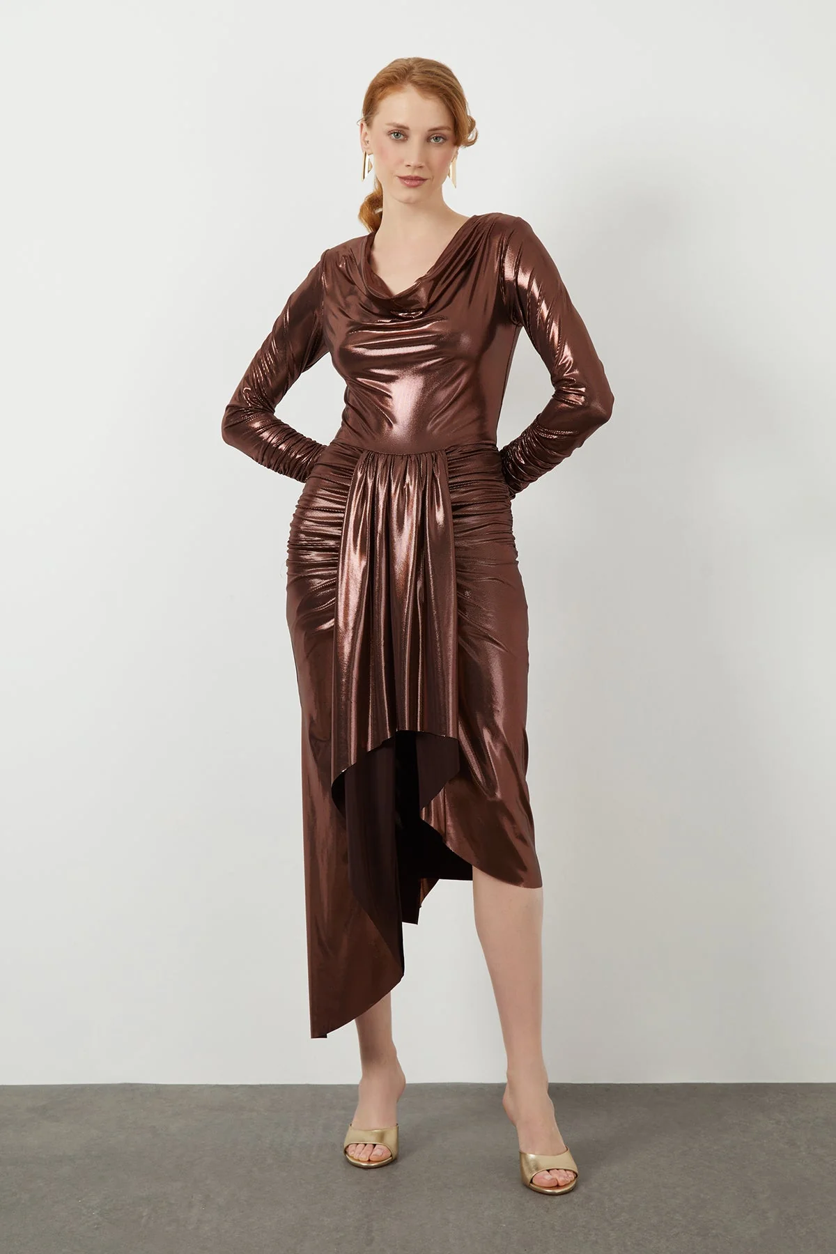 Brown Asymmetric Metallic Midi Dress - Image 3