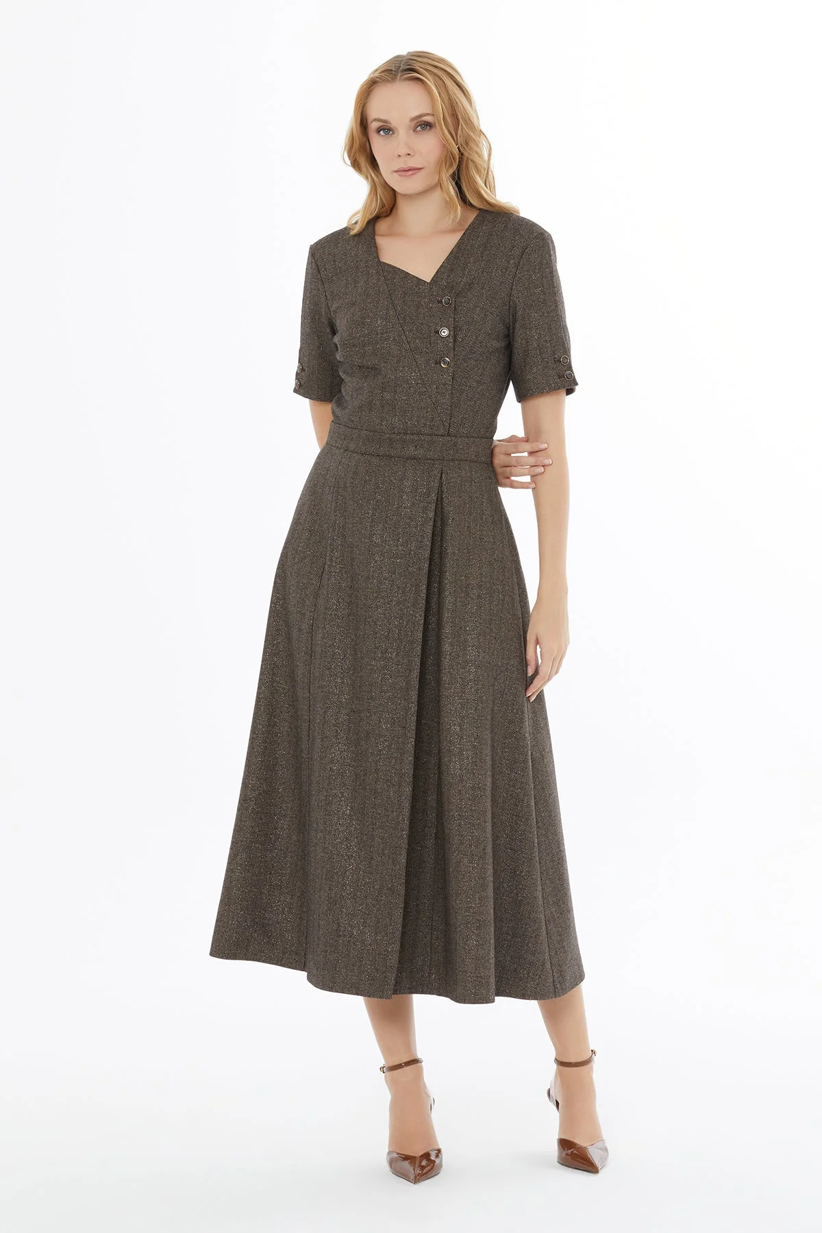 Brown Asymmetrical-Neck Midi Dress - Image 3