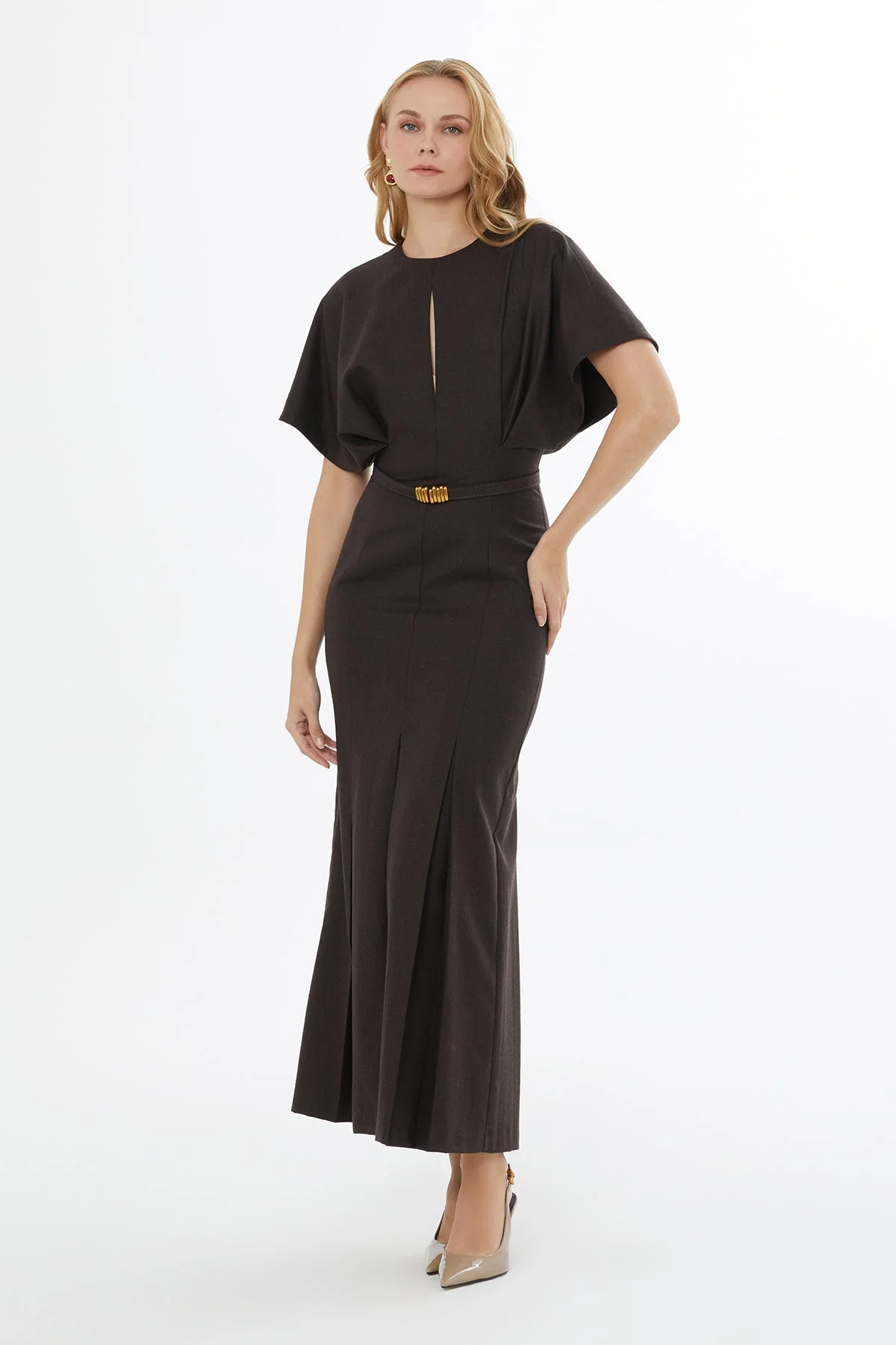 Brown Batwing Sleeve Maxi Dress