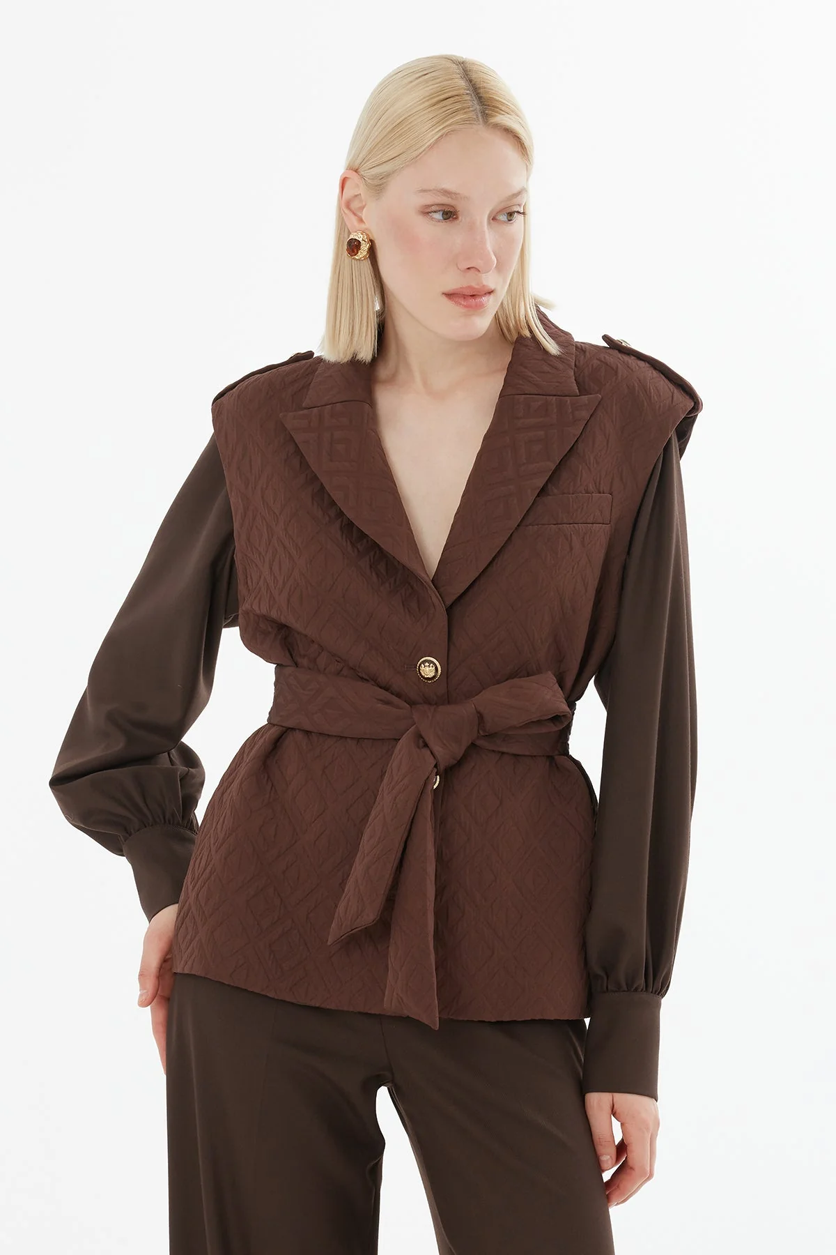 Brown Belted Jacket and Trousers Set - Image 2