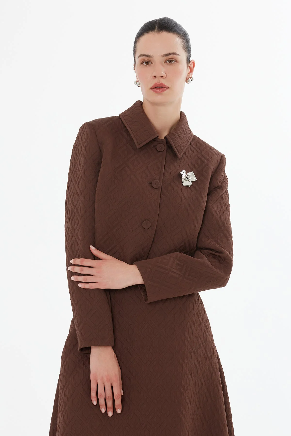 Brown Brooch-Detail Jacket Set - Image 2