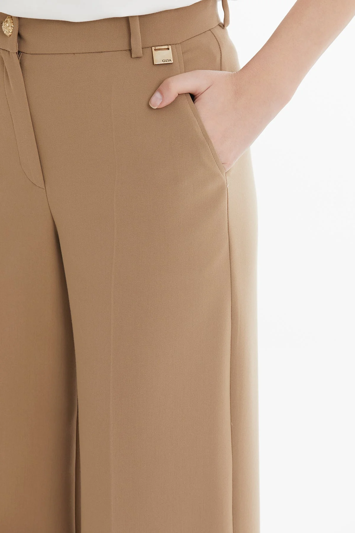 Brown Button Detail Straight-Leg Trousers - Image 2