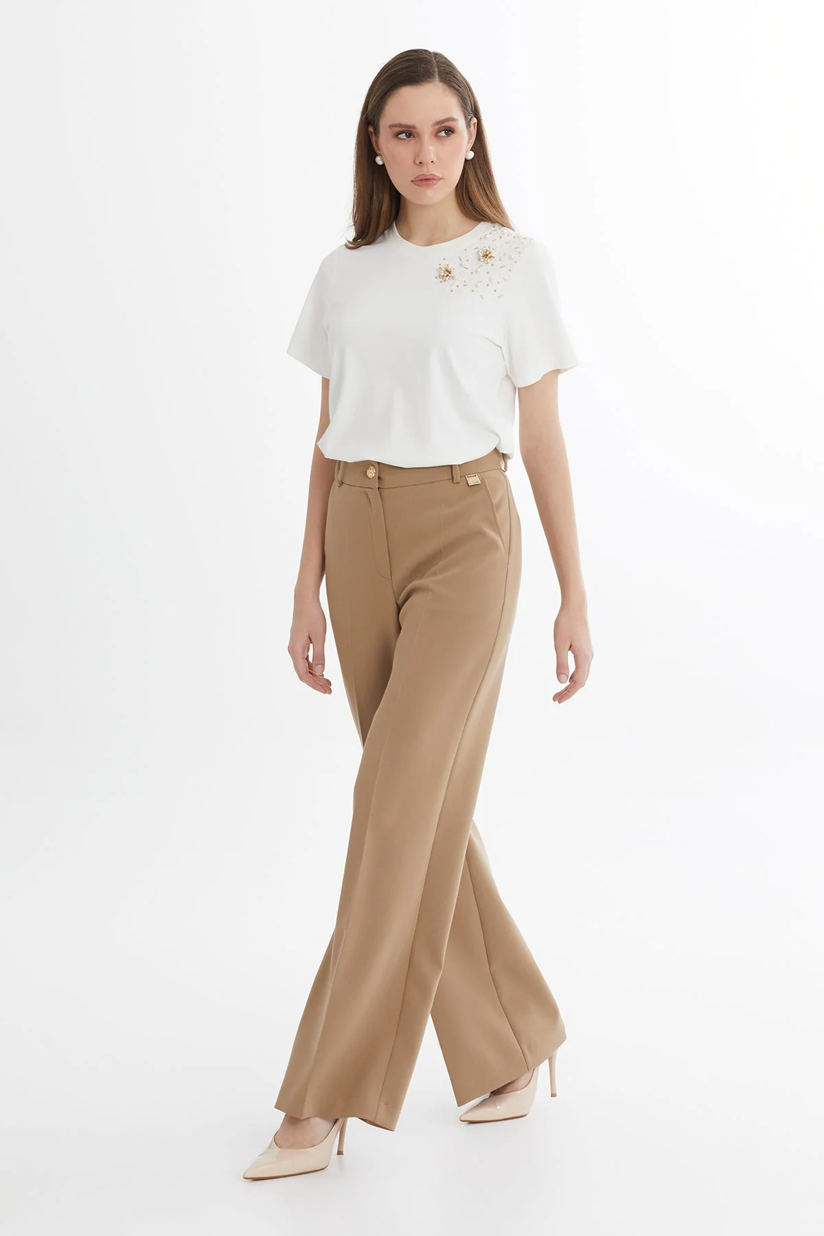 Brown Button Detail Straight-Leg Trousers - Image 3