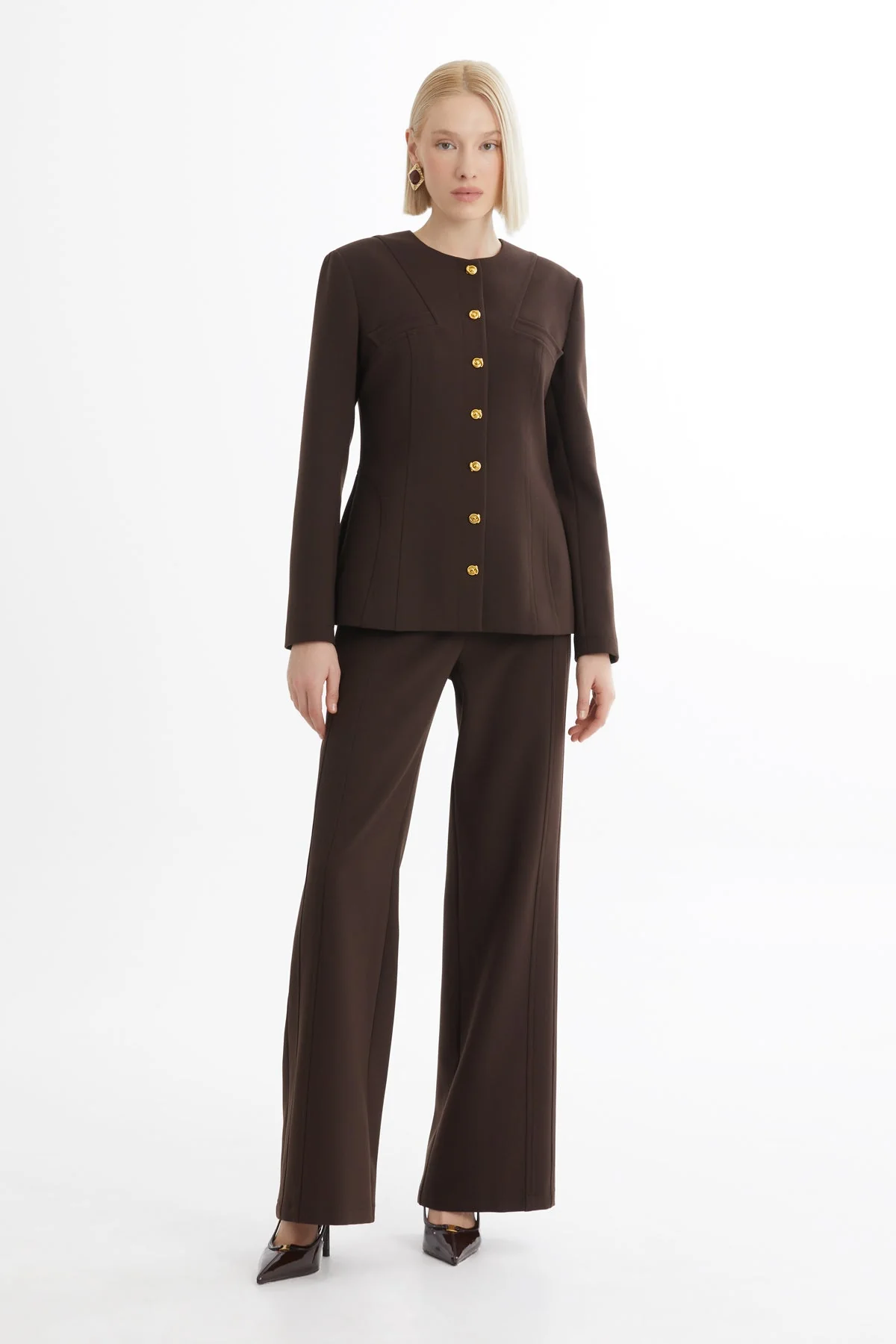 Brown Crewneck Blazer and Pants Set