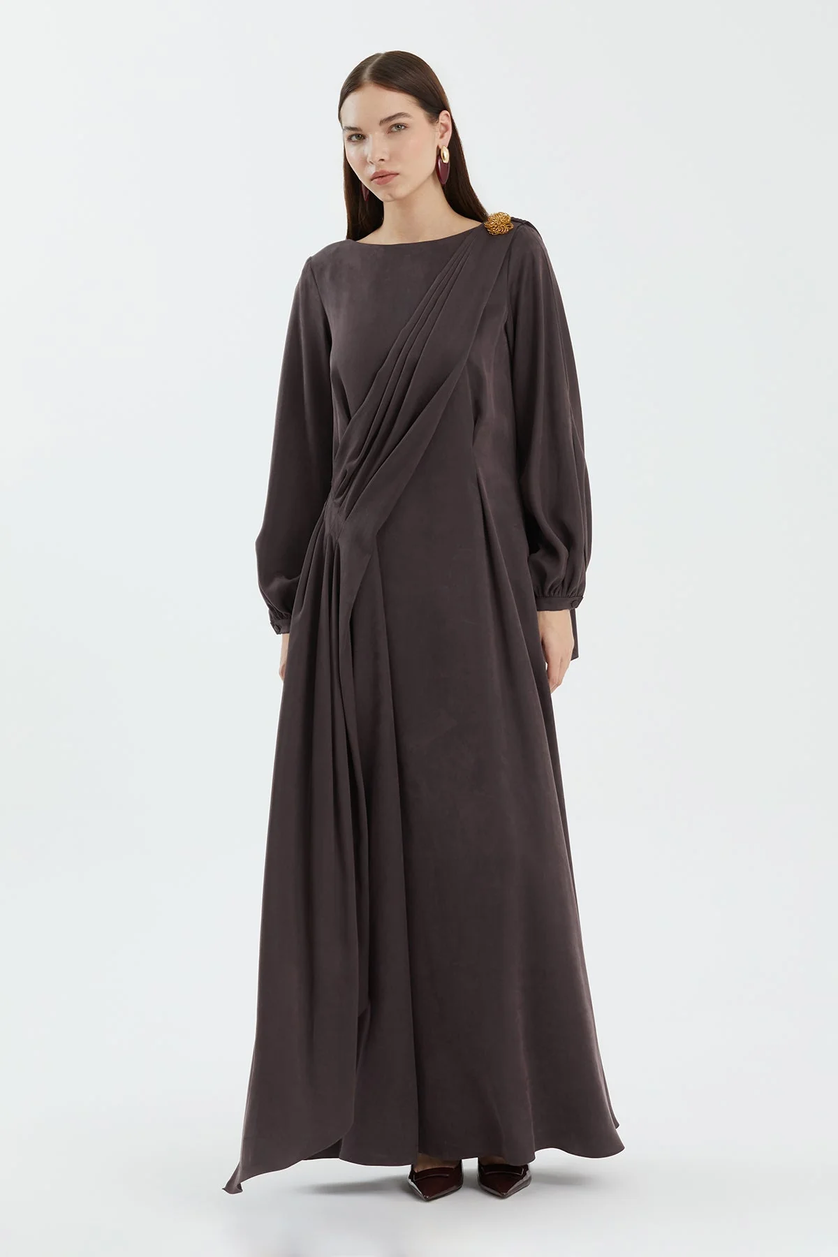 Brown Embellished Shoulder Detail Dress