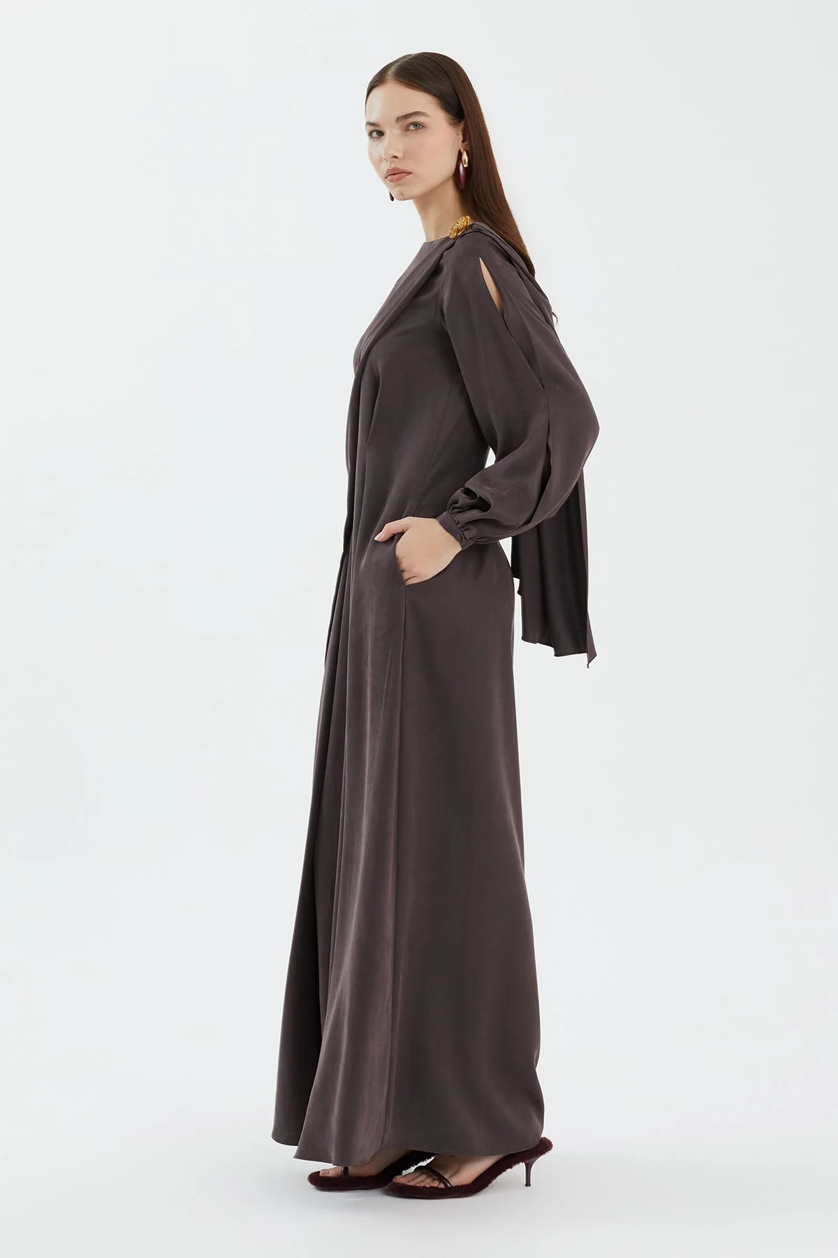Brown Embellished Shoulder Detail Dress - Image 2