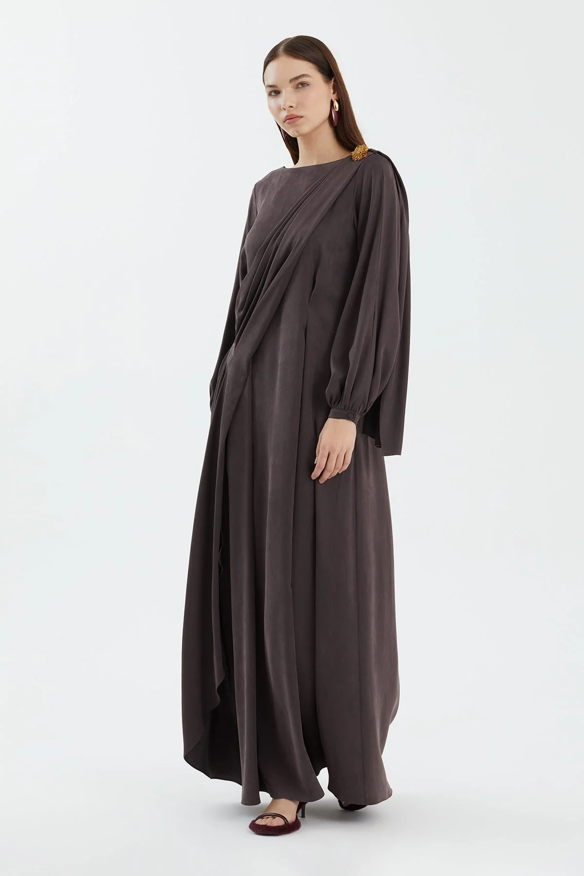 Brown Embellished Shoulder Detail Dress - Image 3