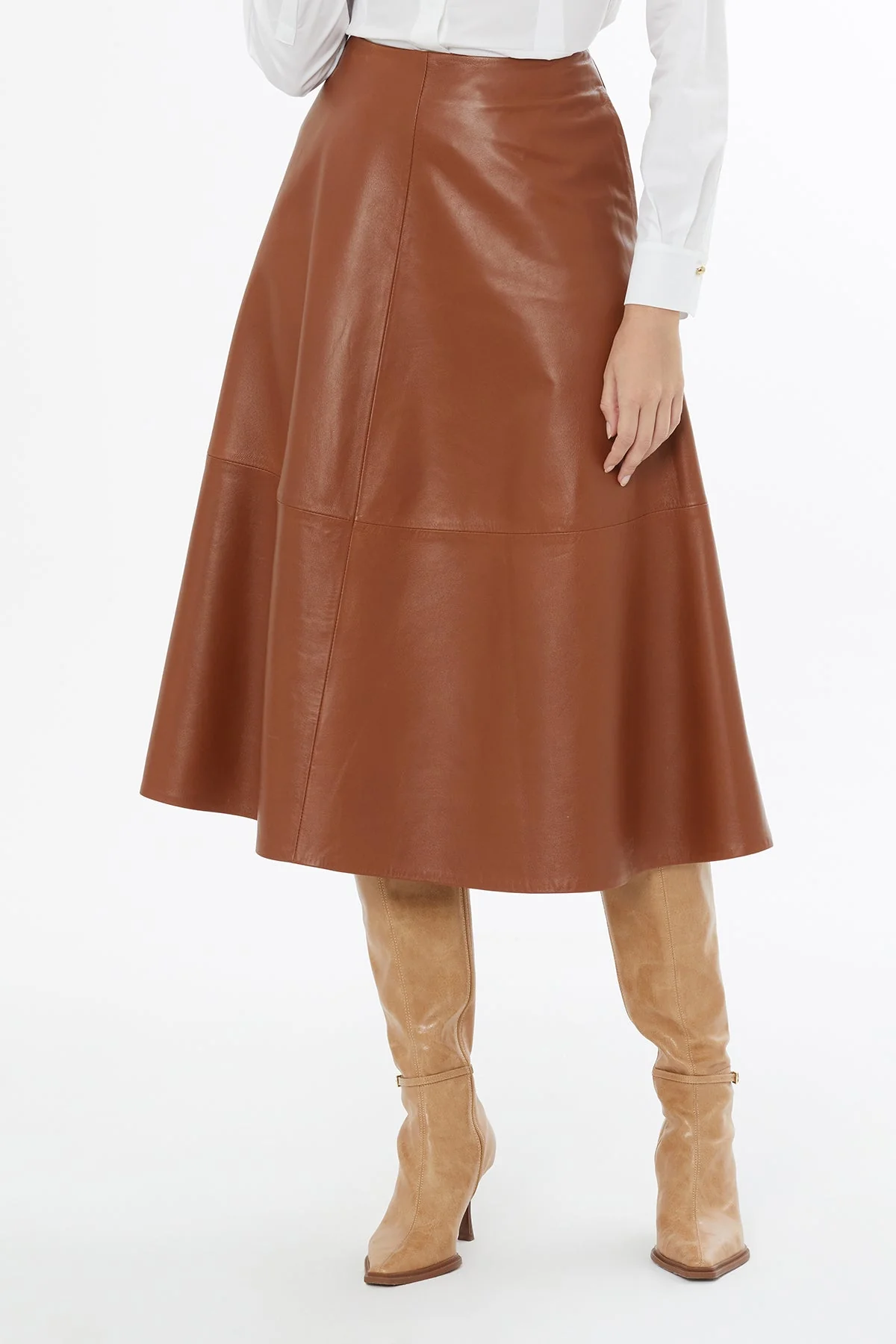 Brown Flared Leather Midi Skirt - Image 2