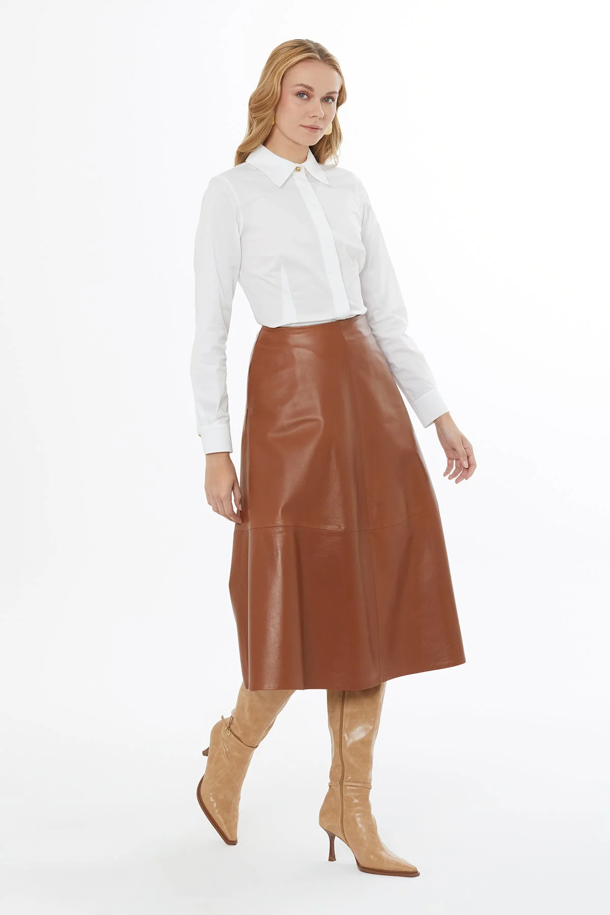 Brown Flared Leather Midi Skirt - Image 3