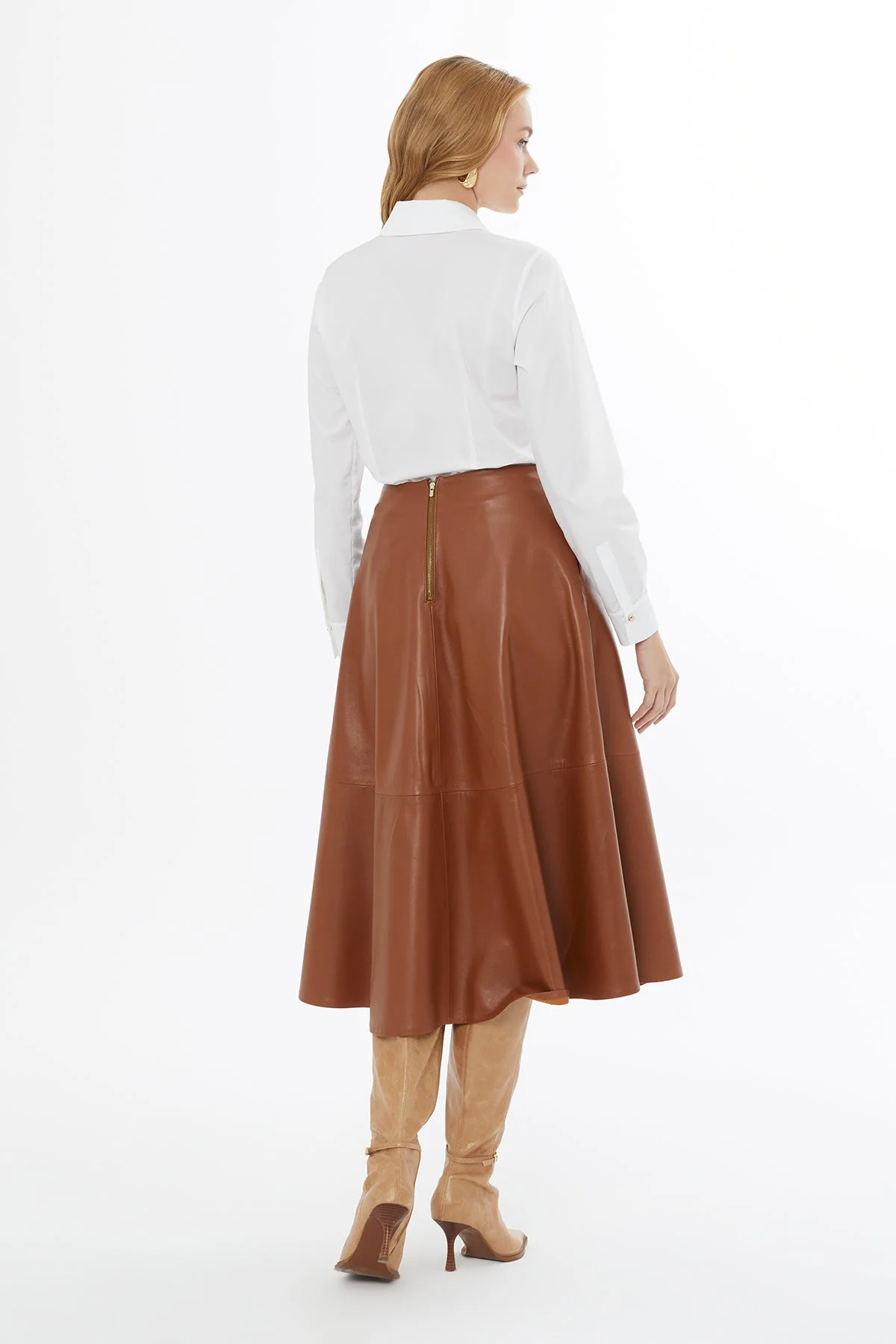 Brown Flared Leather Midi Skirt - Image 4