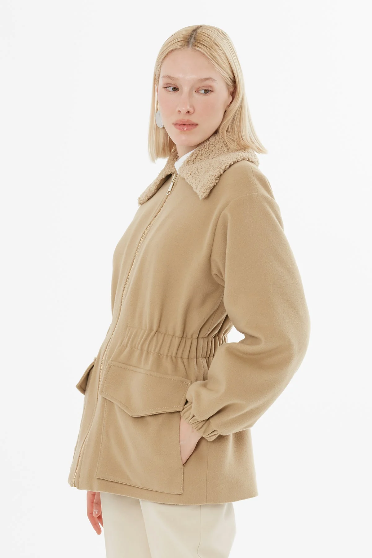 Brown Fur-Collar Elastic-Waist Long Coat - Image 3