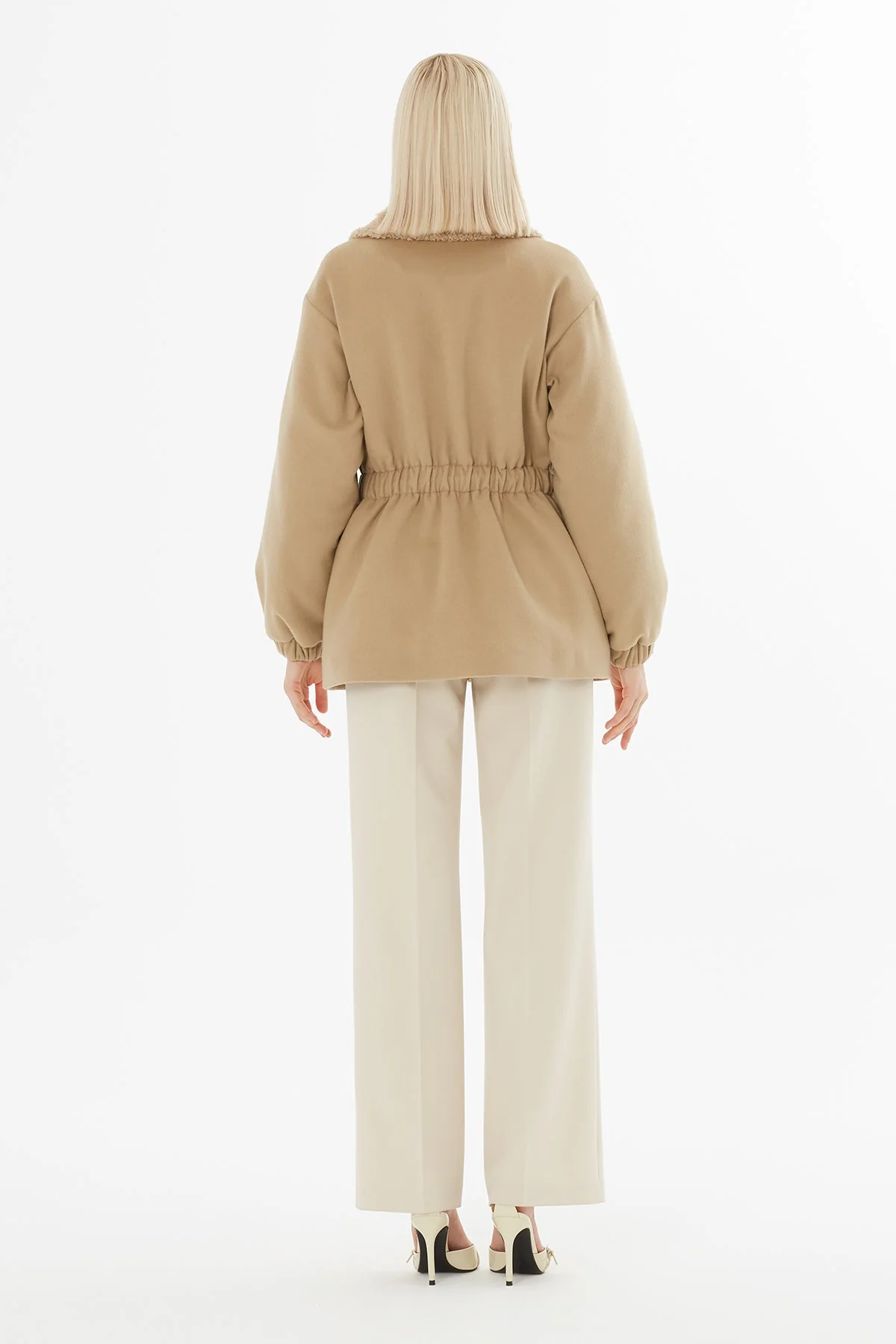 Brown Fur-Collar Elastic-Waist Long Coat - Image 4