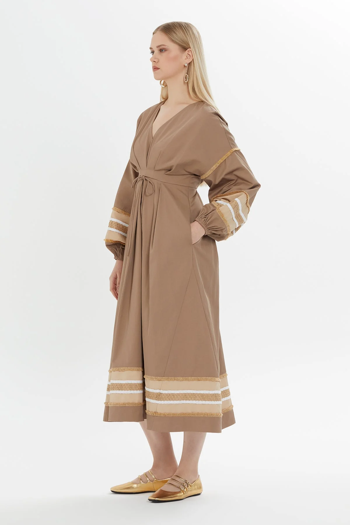 Brown Gathered-Sleeve Midi Dress - Image 2