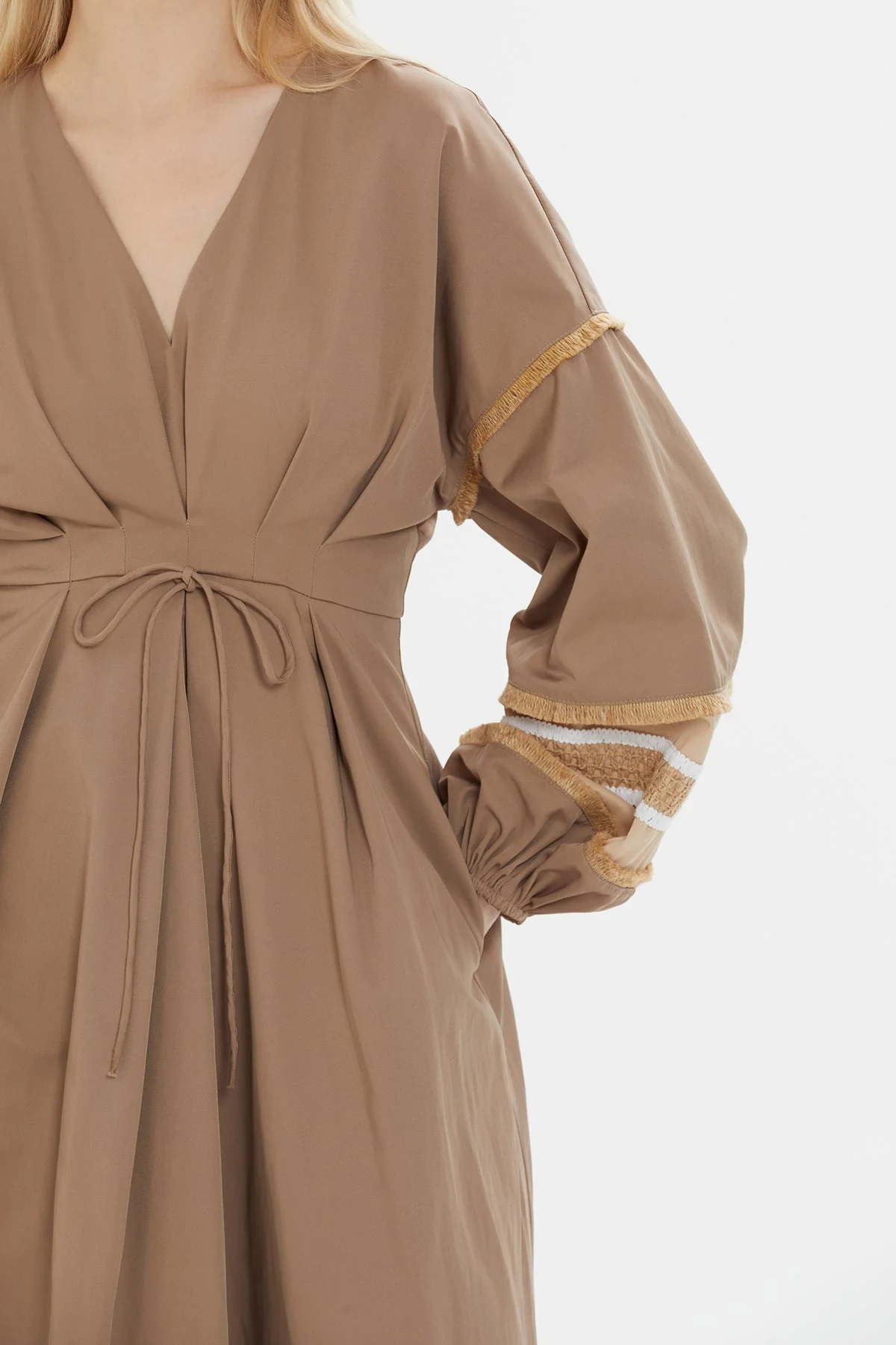 Brown Gathered-Sleeve Midi Dress - Image 3