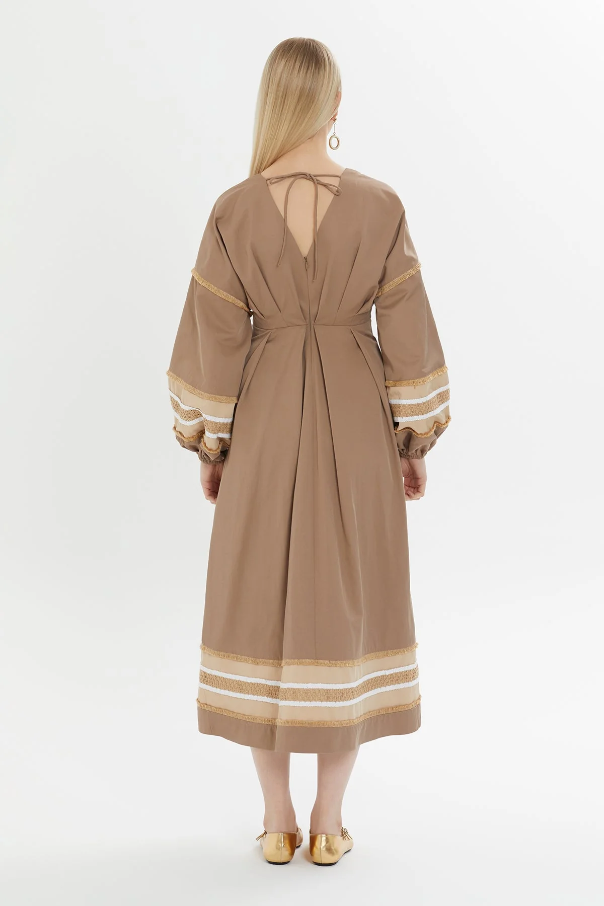 Brown Gathered-Sleeve Midi Dress - Image 4