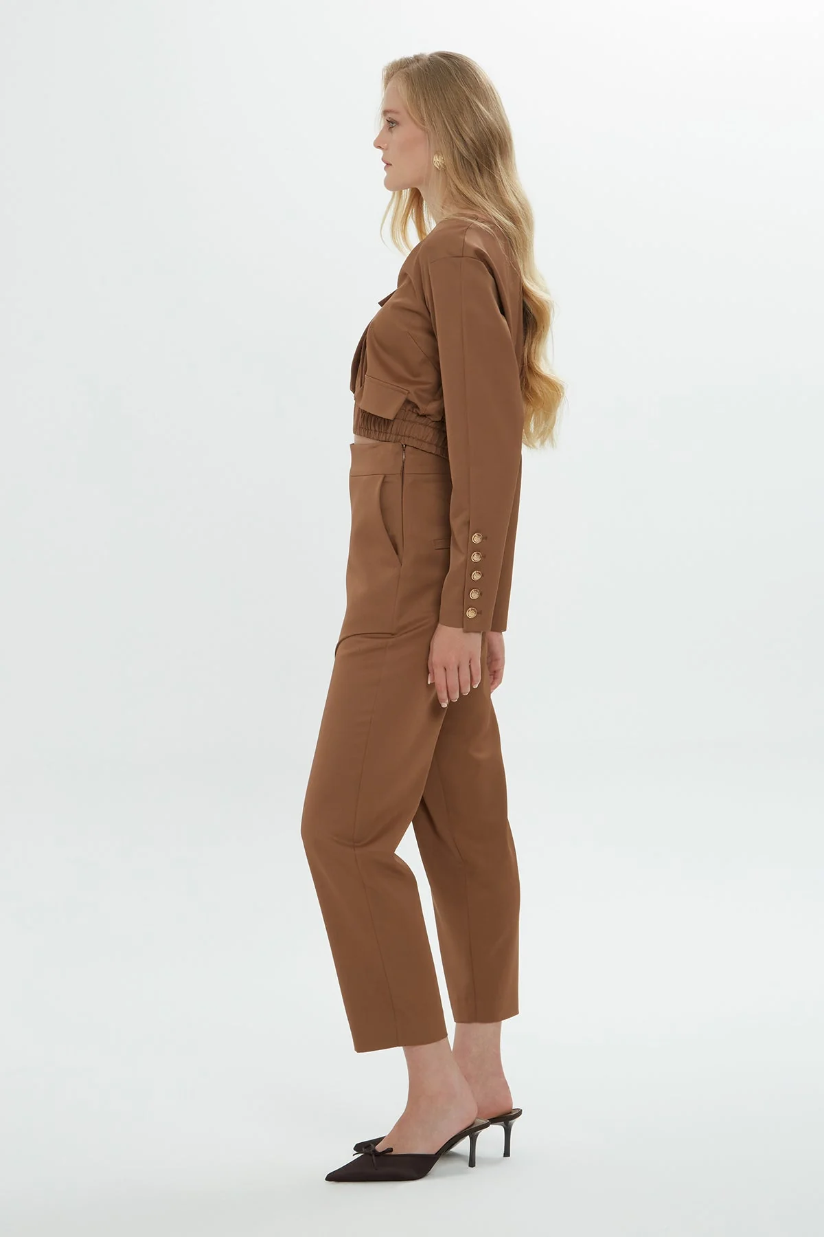 Brown High-Waisted Asymmetric Trousers - Image 2