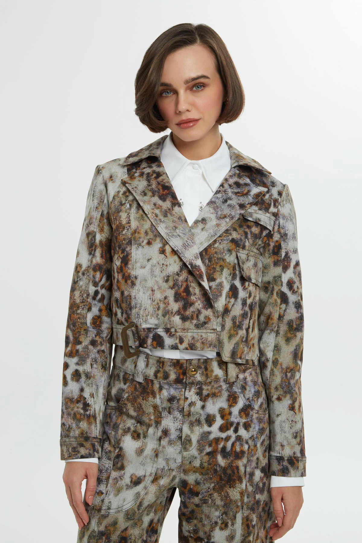 Brown Leopard-Print Cropped Blazer