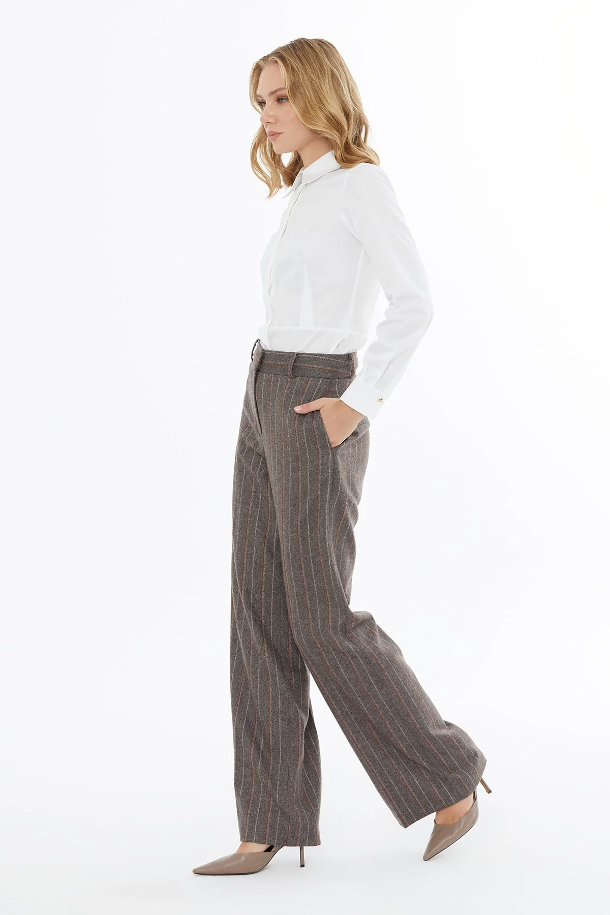 Brown Striped Palazzo Trousers - Image 3