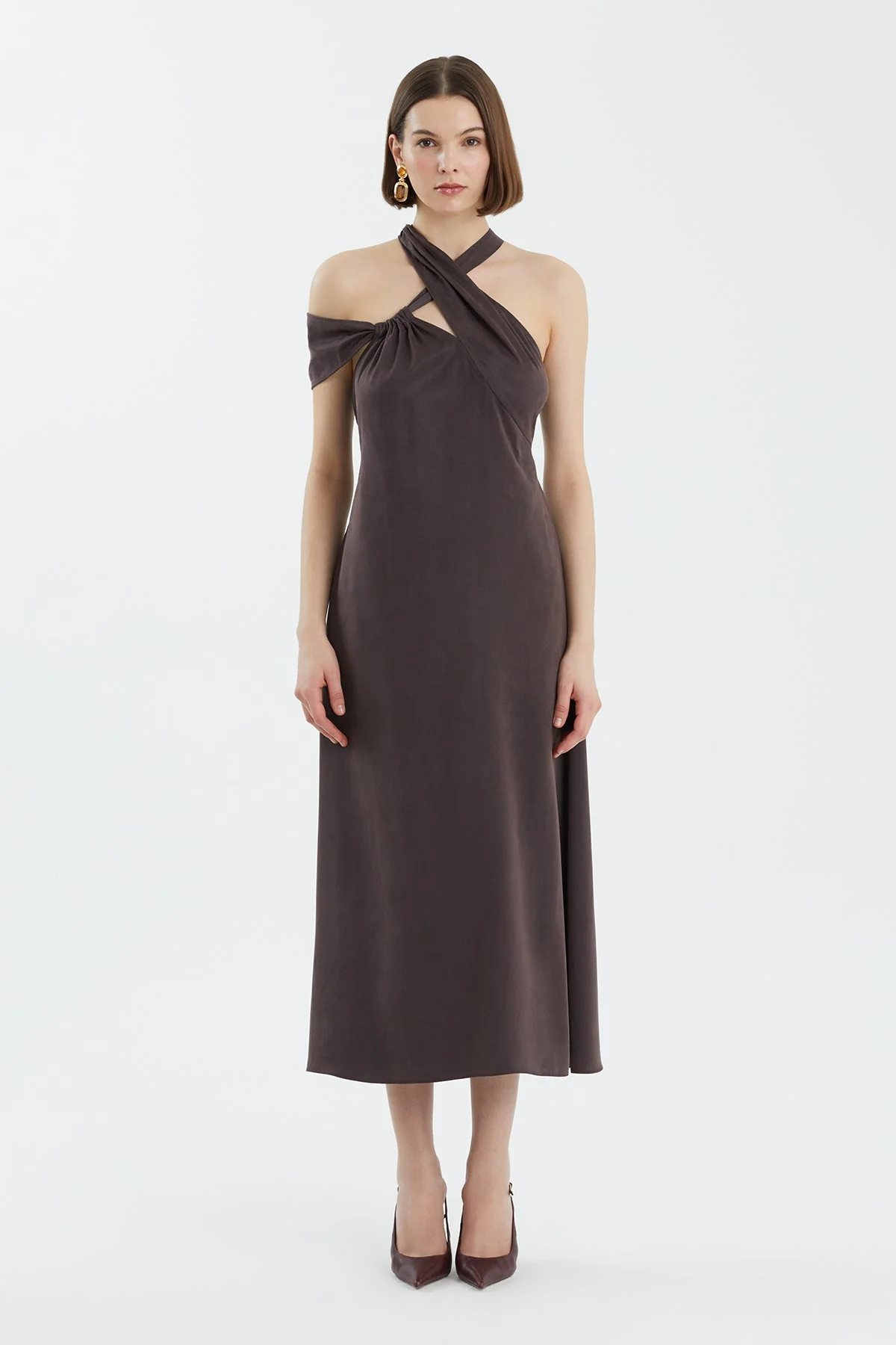 Brown Tie Detail Asymmetric Dress