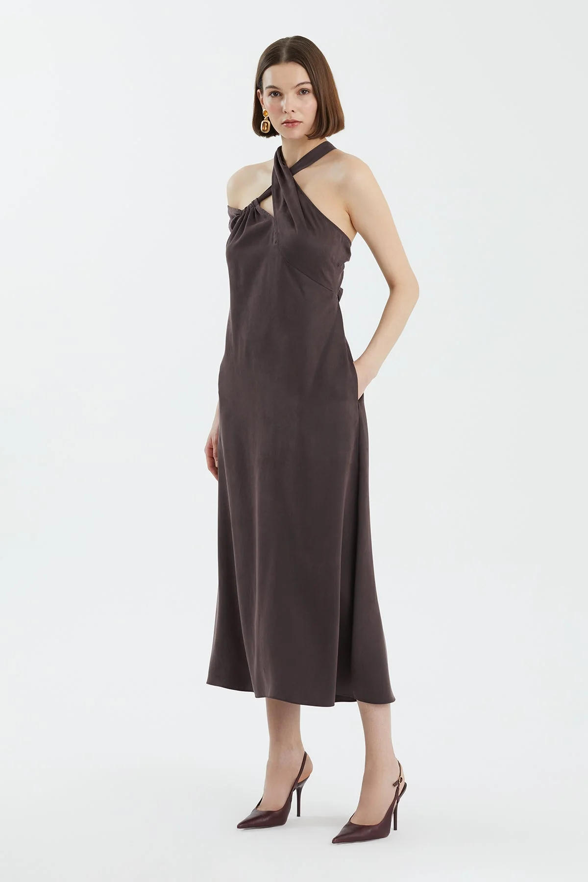 Brown Tie Detail Asymmetric Dress - Image 3