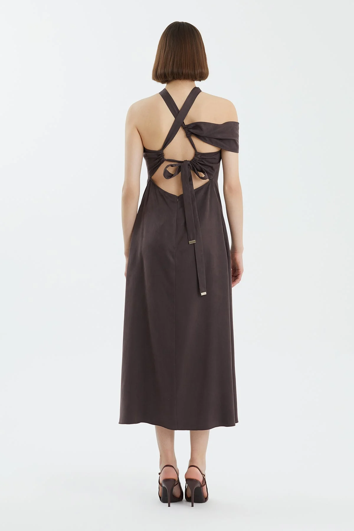 Brown Tie Detail Asymmetric Dress - Image 4
