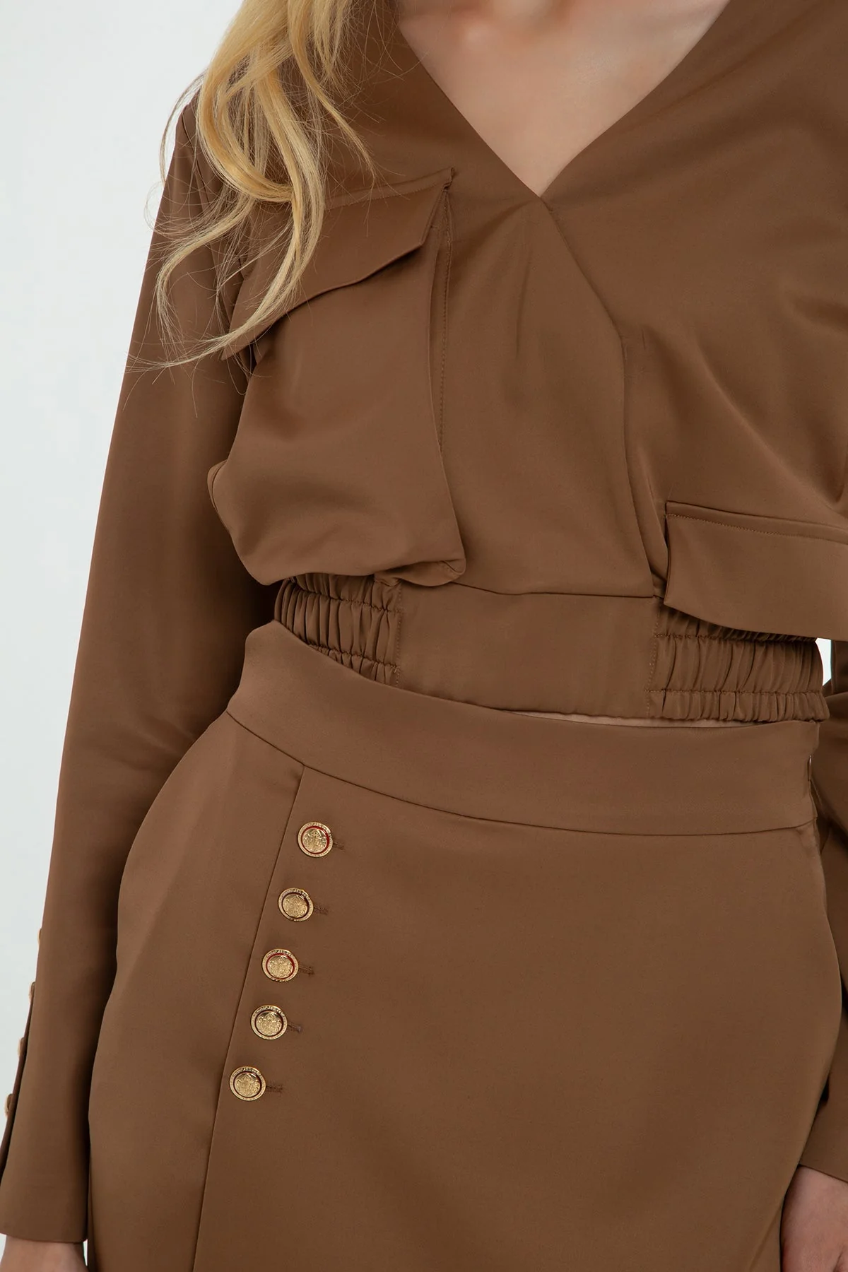 Brown Zip-Up Button Detail Cropped Jacket - Image 2
