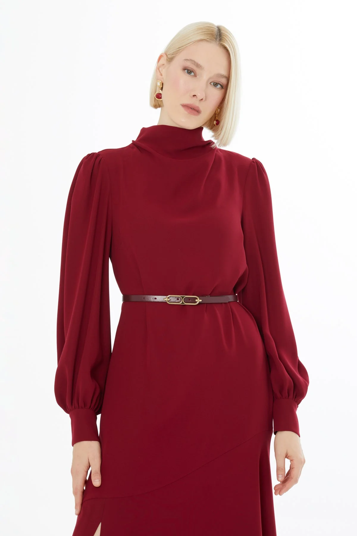 Burgundy Long Dress with Buttoned Sleeves - Image 2