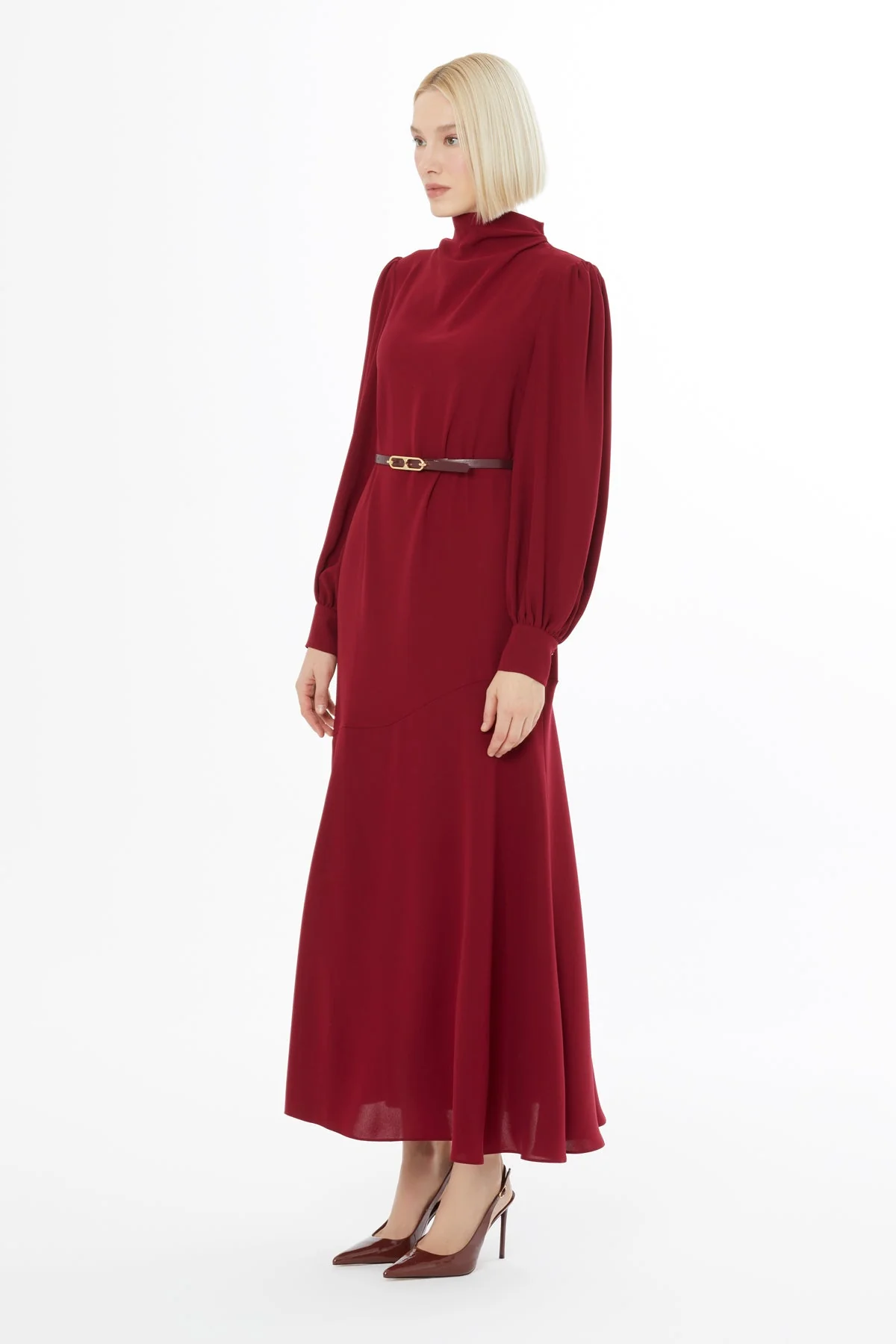 Burgundy Long Dress with Buttoned Sleeves - Image 3
