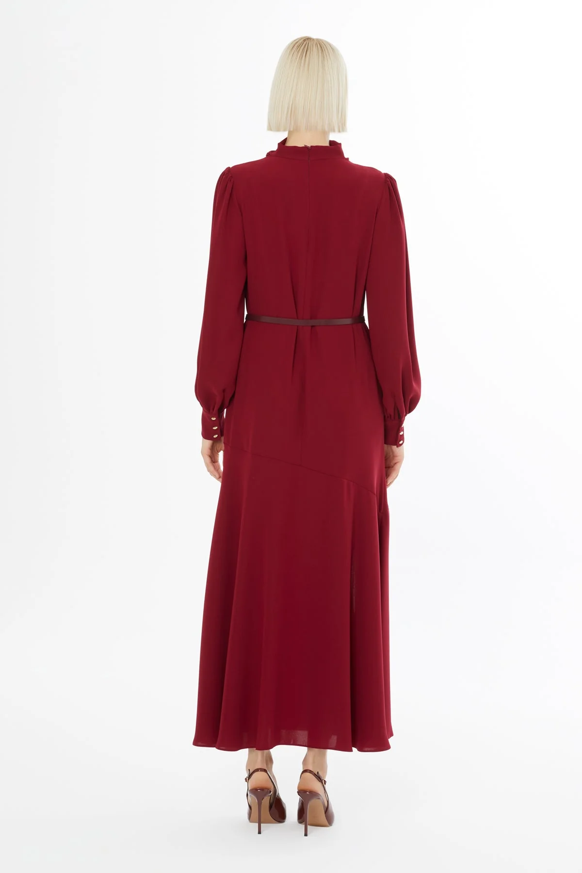 Burgundy Long Dress with Buttoned Sleeves - Image 4