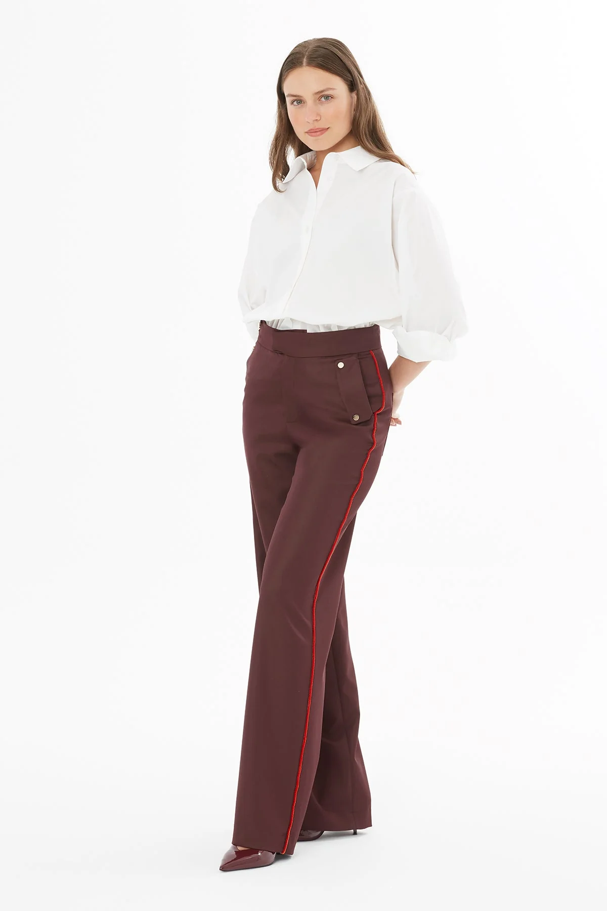 Burgundy Trousers with Button Accessories - Image 2