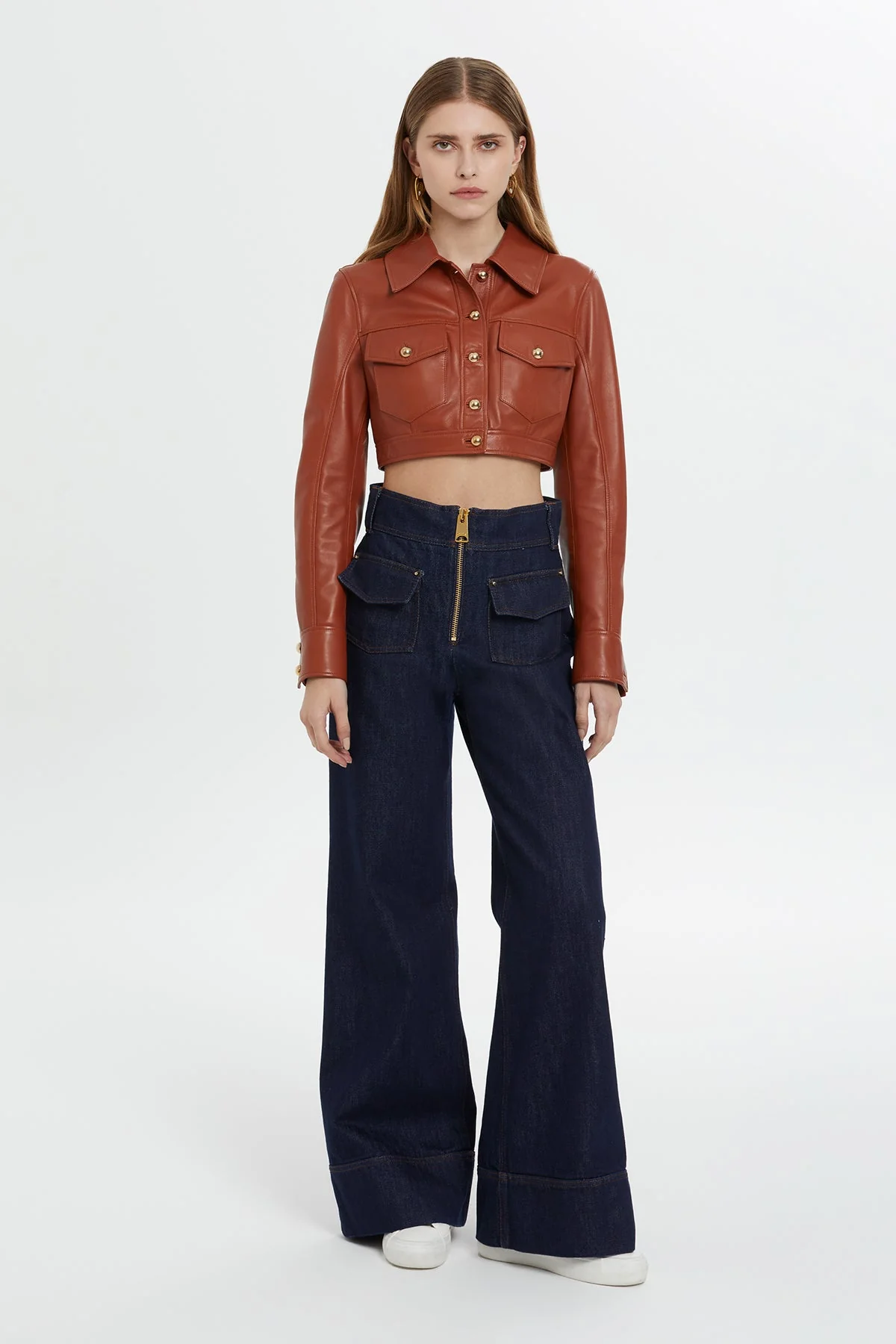 Button-Detail Cropped Leather Jacket - Image 2