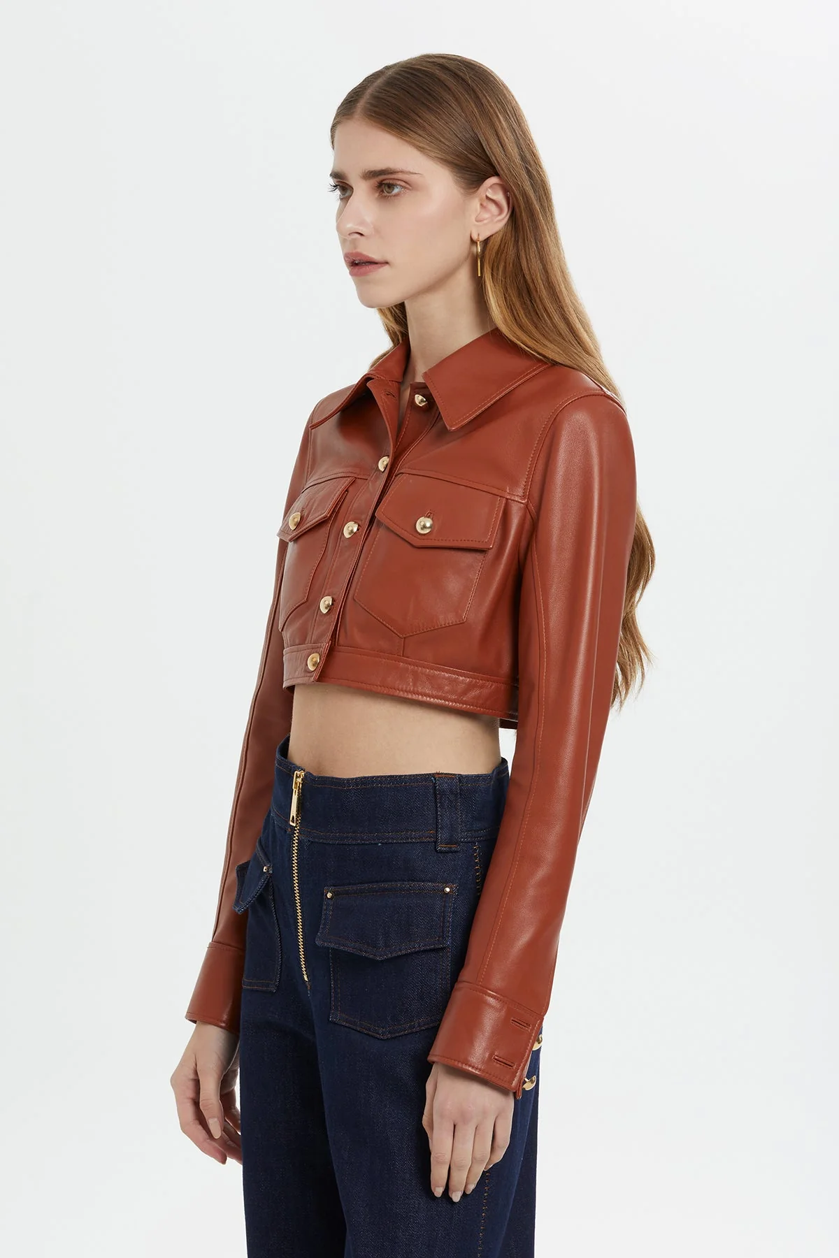 Button-Detail Cropped Leather Jacket - Image 3