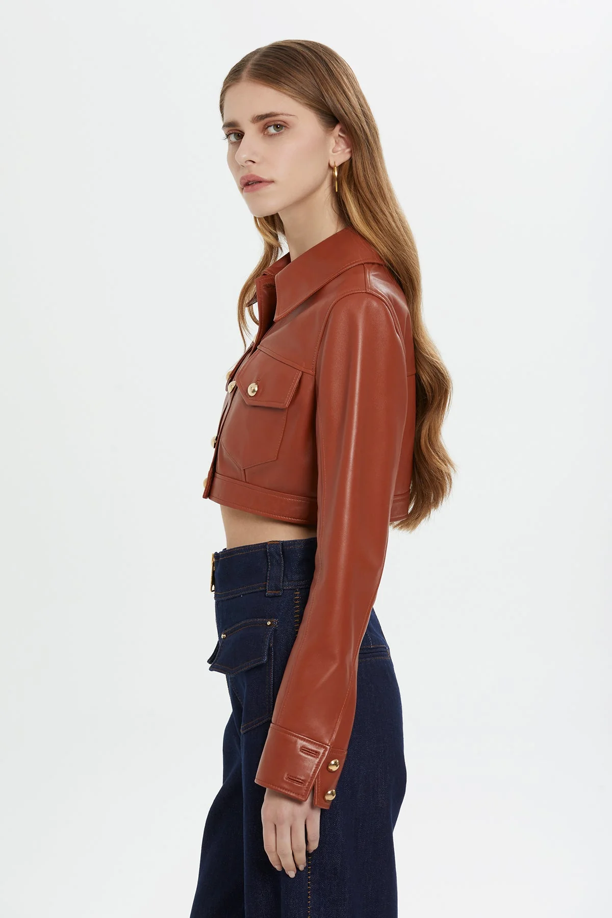 Button-Detail Cropped Leather Jacket - Image 4