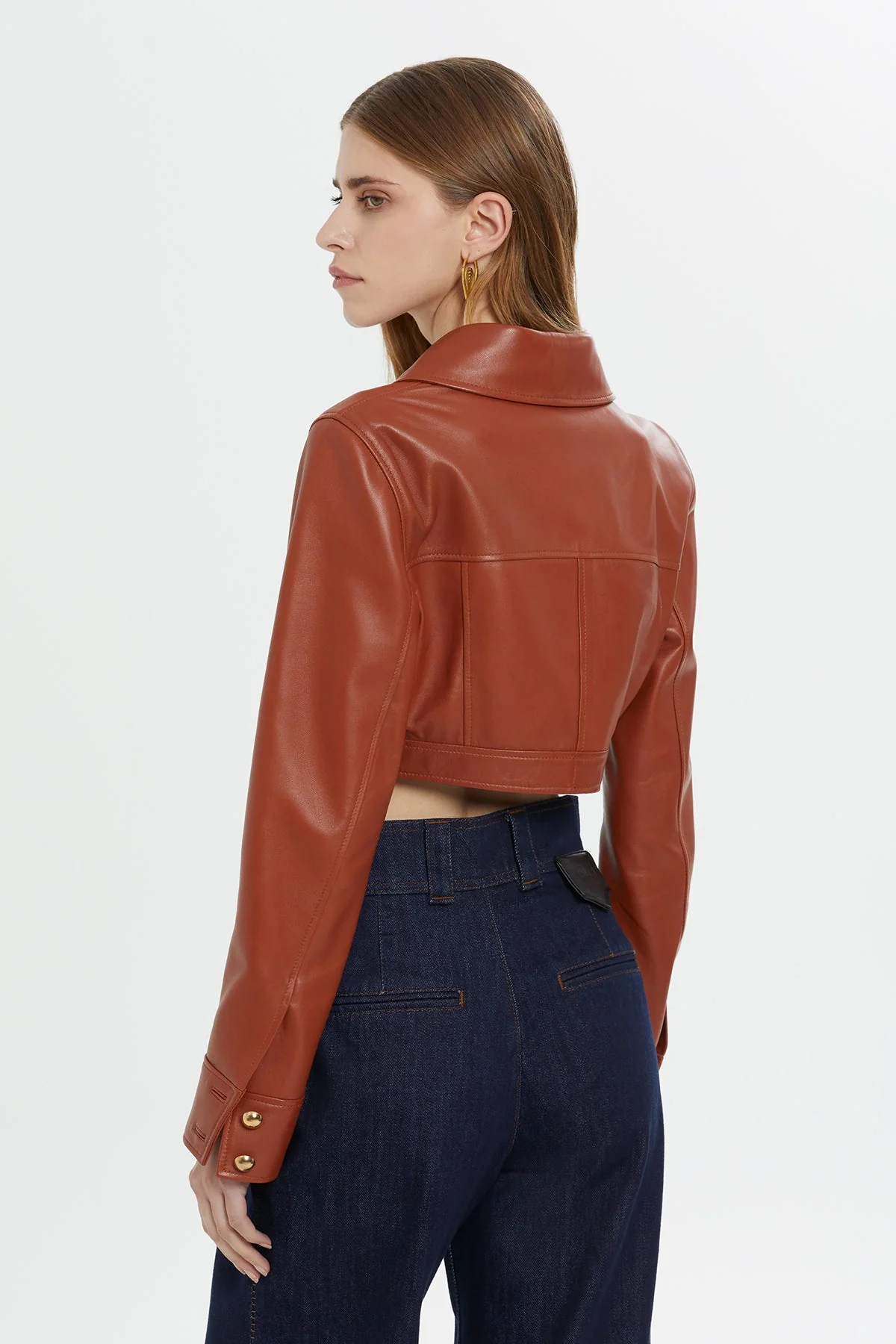 Button-Detail Cropped Leather Jacket - Image 5