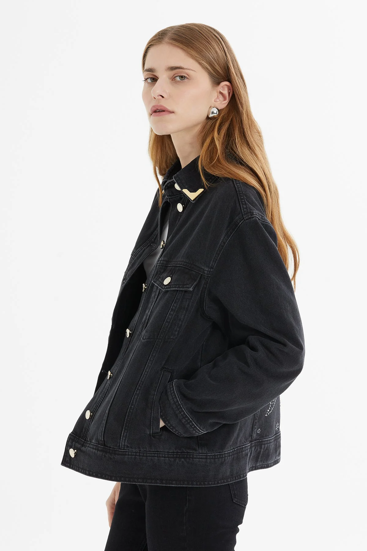 Collar-Accessory Oversize Denim Jacket - Image 3