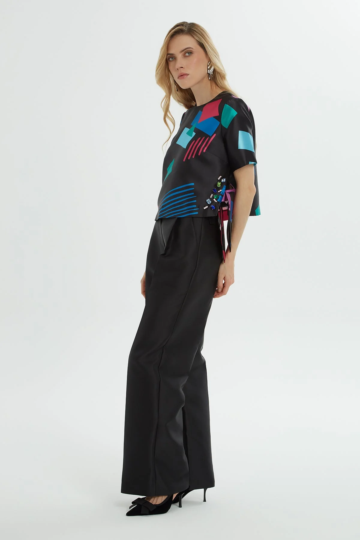 Colorful Round Neck Geometric Blouse - Image 2