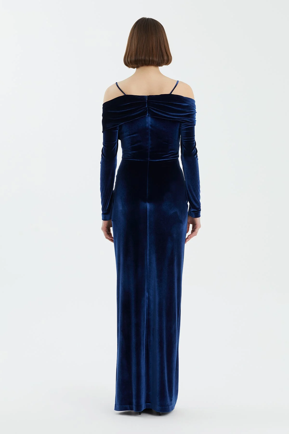 Dark Blue Slit Detail Velvet Dress - Image 4