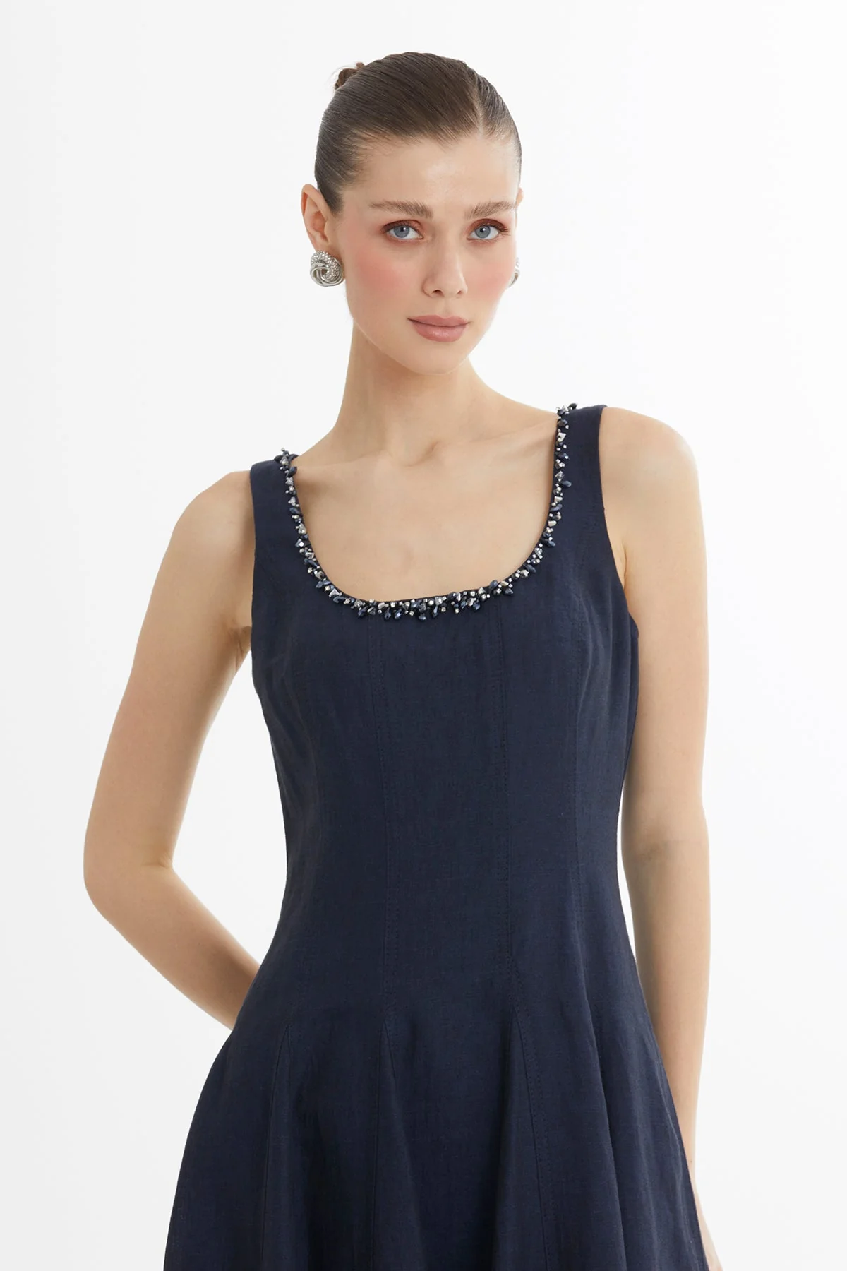 Dark Navy Embroidered Collar Linen Midi Dress - Image 2