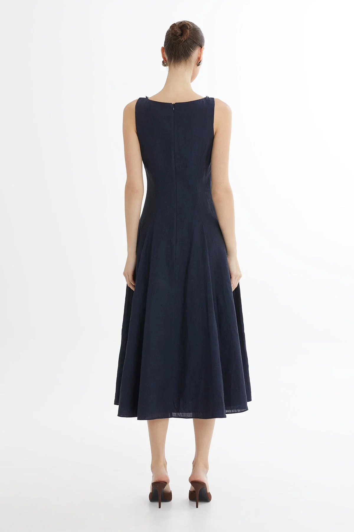 Dark Navy Embroidered Collar Linen Midi Dress - Image 4