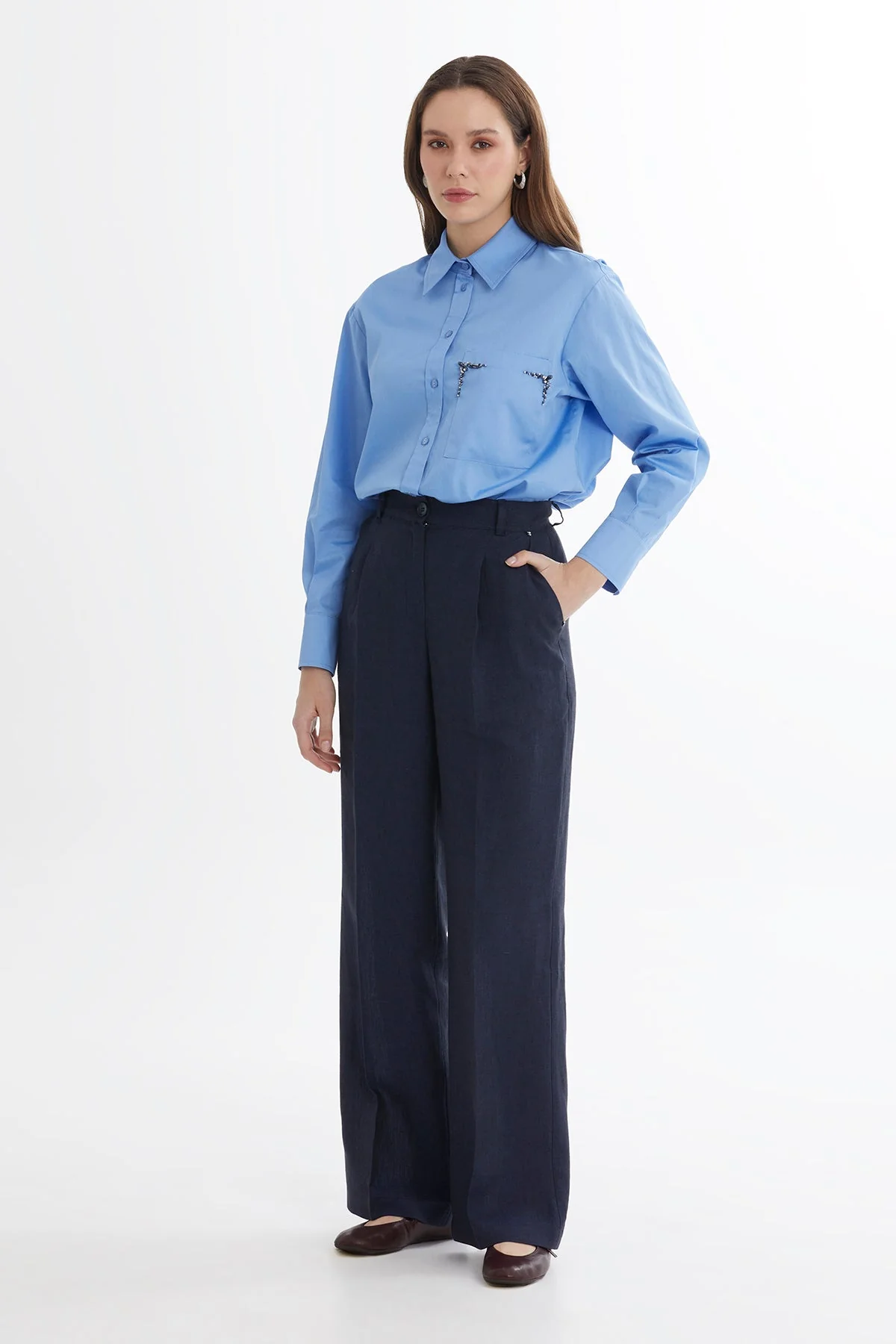 Dark Navy Wide-Leg Linen Trousers - Image 2