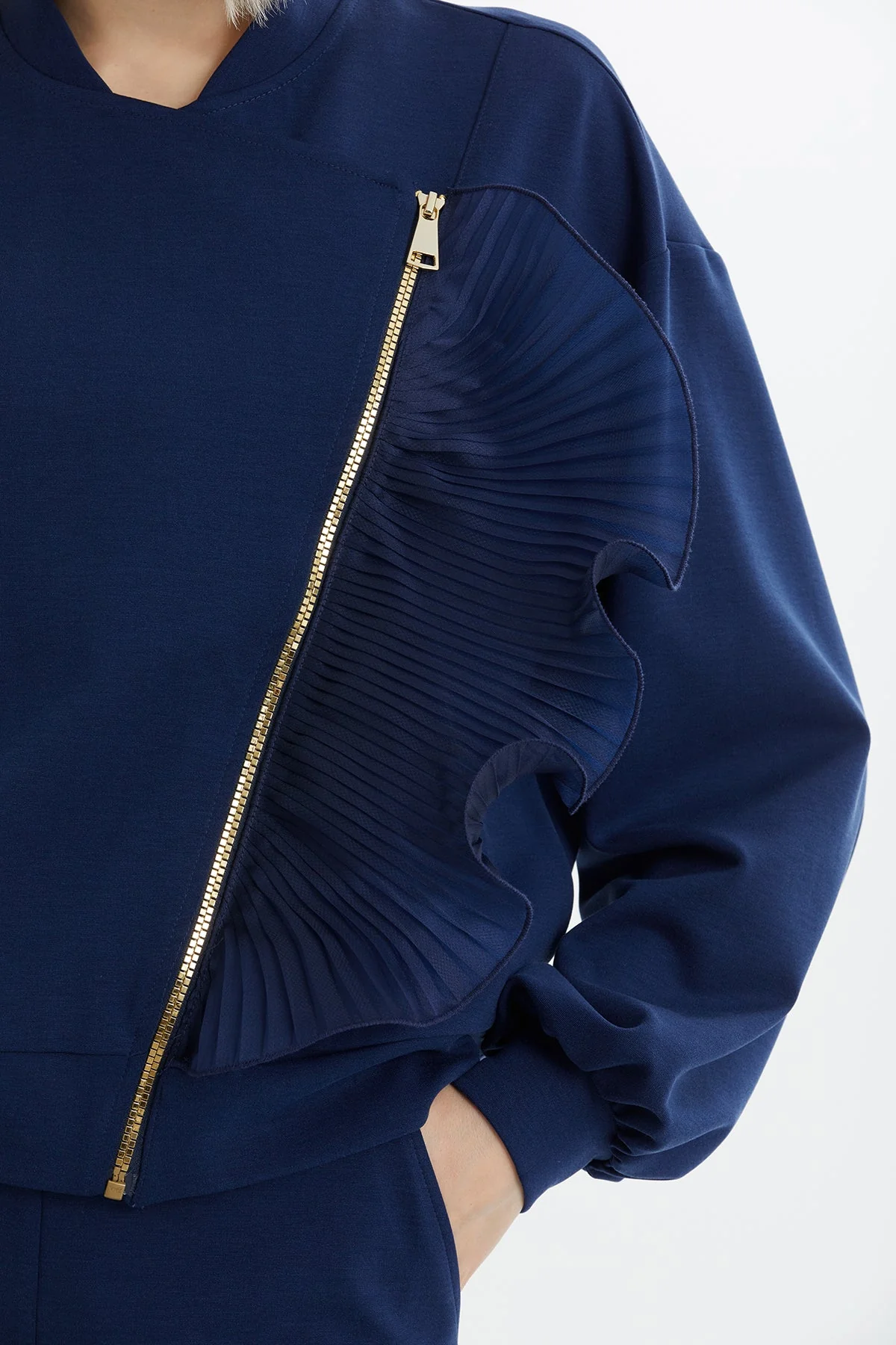 Dark Navy Zip-Closure Elastic Waist Sweatshirt Set - Image 3