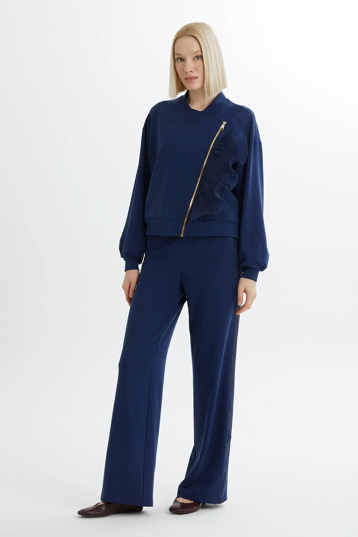 Dark Navy Zip-Closure Elastic Waist Sweatshirt Set - Image 5