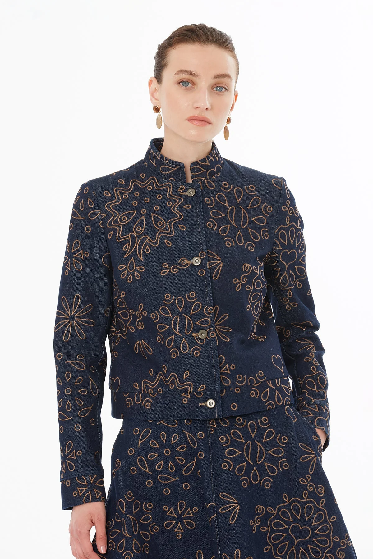 Denim Jacket with Contrasting Embroidery Detail - Image 3