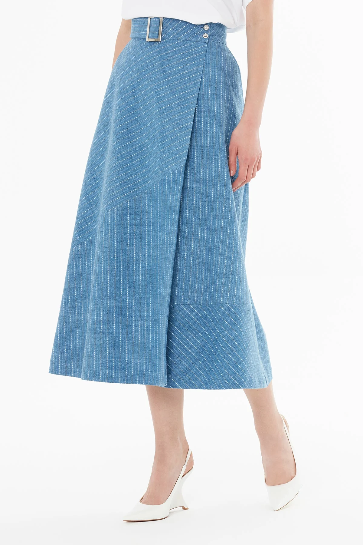 Denim Midi Skirt with Stripes - Image 3